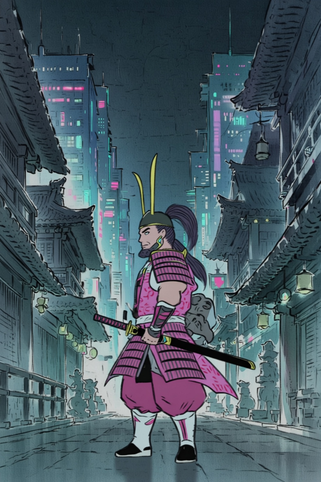 kaguya style image of a samurai standing in a street of a cyberpunk city by night. The samurai wears a mix of traditional...