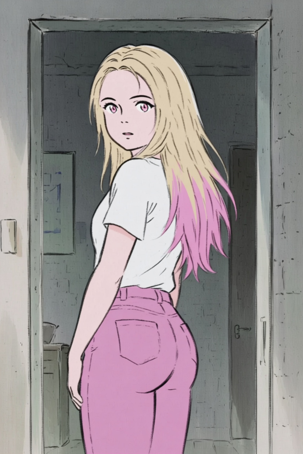a kaguya style image of a young woman with long,  flowing blonde hair transitioning into pink at the ends. She is dressed...