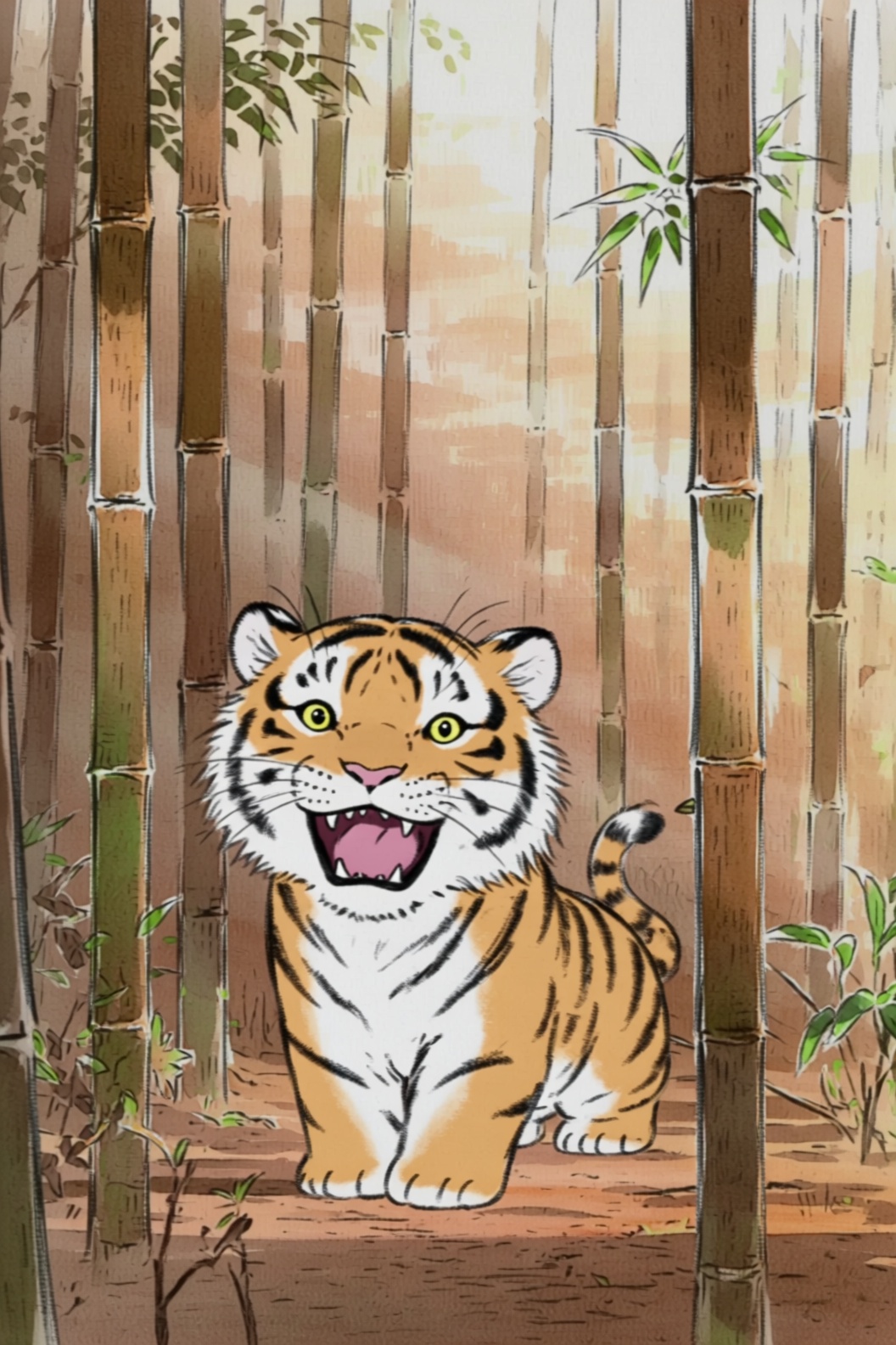 a kaguya style illustration of a cute baby tiger with its mouth open,  revealing sharp teeth. The baby tiger is standing i...