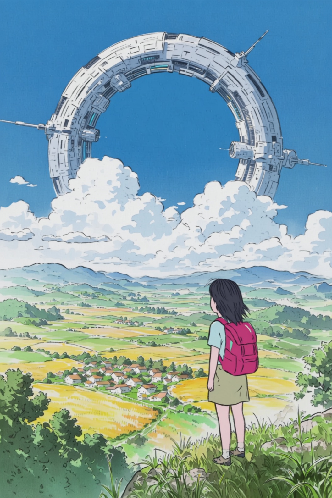 a kaguya style image of a breathtaking scene where technology and nature converge under a clear blue sky. In the foregroun...