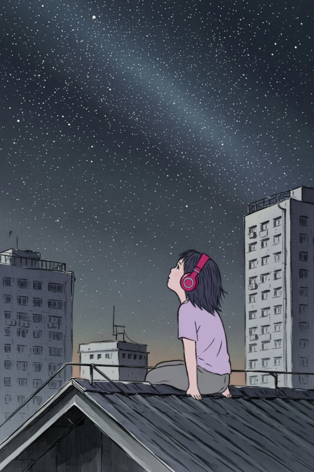 a kaguya style image of a solitary girl perched on a dark,  corrugated rooftop,  gazing upwards into a magnificent night s...