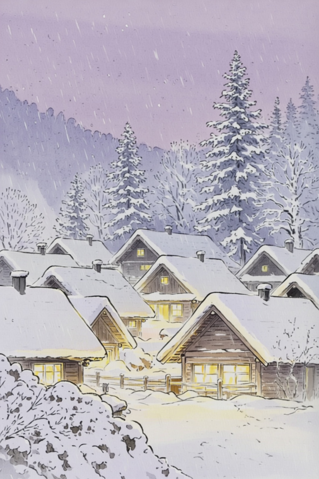 A small village blanketed in fresh snow,  with soft golden lights glowing from the windows of wooden houses. The sky is a...