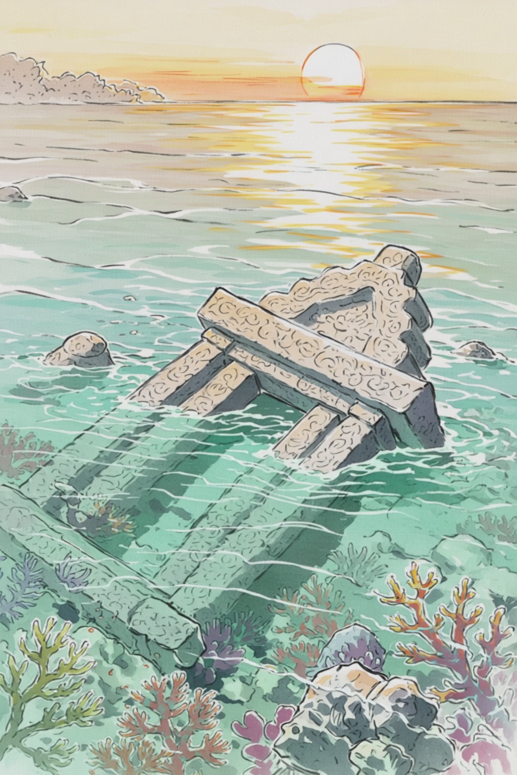 A kaguya style illustration with pastel colors of an ancient,  partially submerged temple off the coast,  with coral and m...