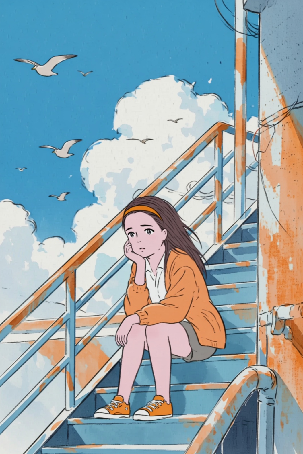 a kaguya style image of a young woman sitting on a blue and orange staircase,  set against a bright,  clear blue sky with...