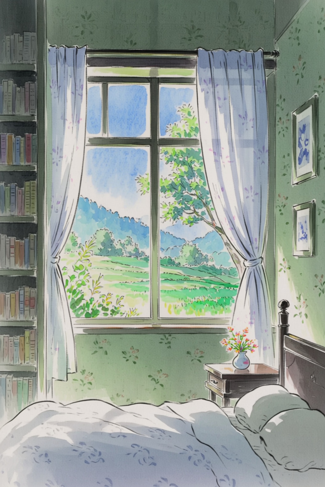 kaguya style image of a peaceful,  cozy bedroom scene bathed in natural sunlight. A large window dominates the space,  rev...