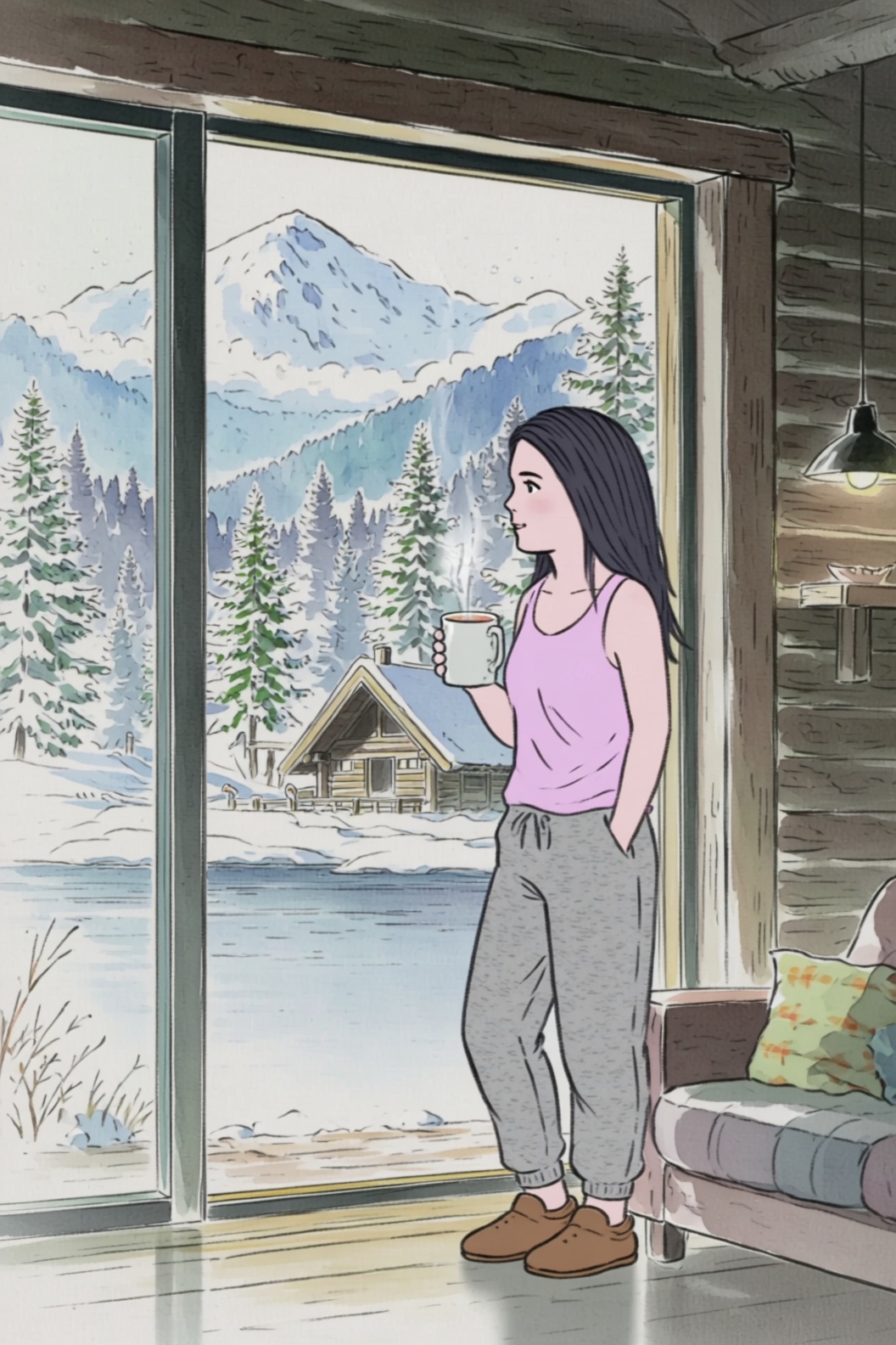 a kaguya style image of a woman in her twenties standing by a large window in a cozy cabin living room. She is wearing mar...