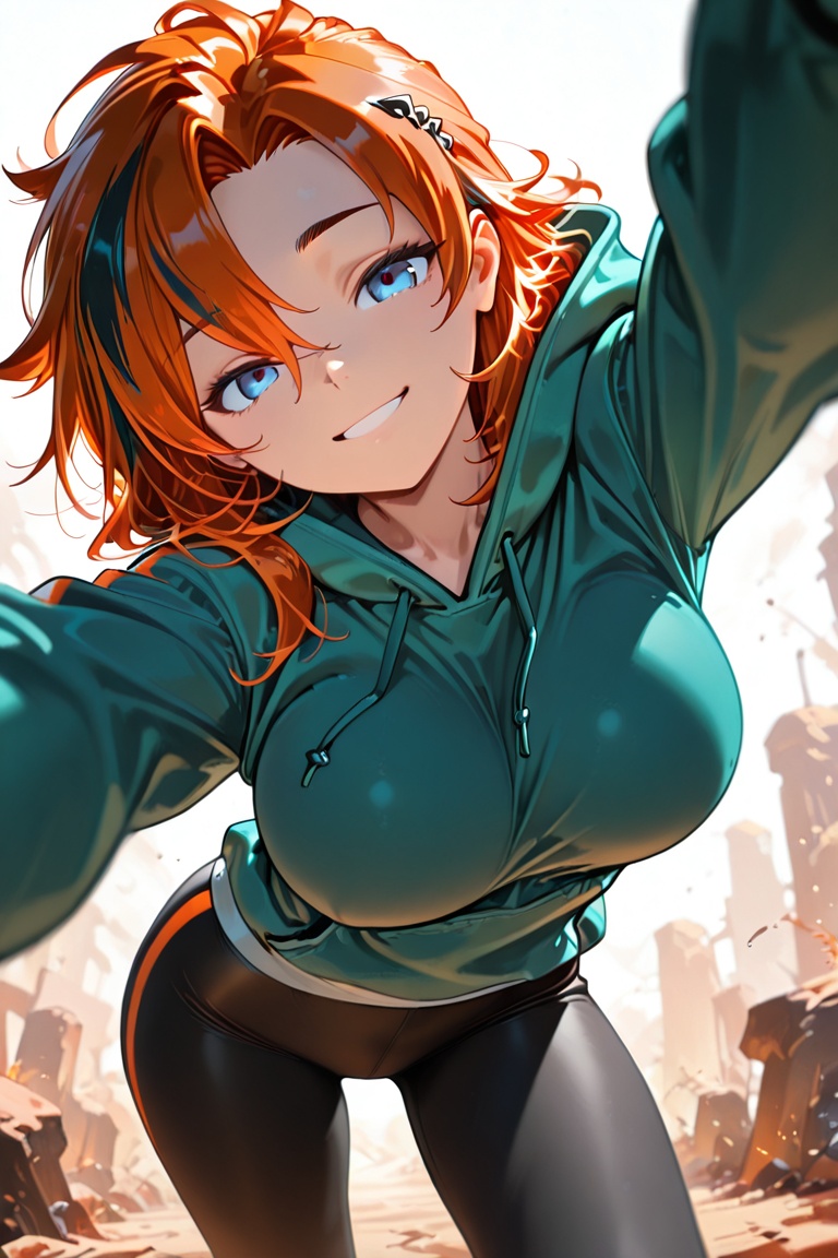 Create a captivating image of Calistaoc with blue eyes and big breasts. She has orange hair,  styled with spiky,  short ba...