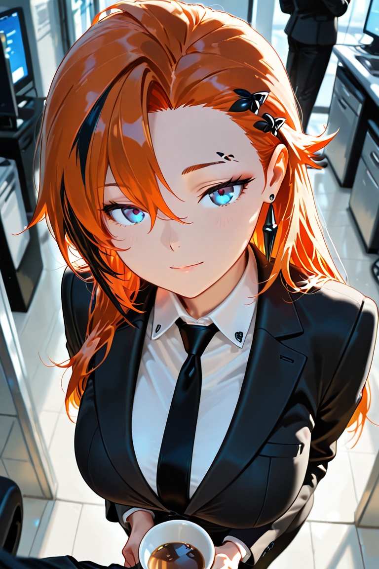 Create a striking portrait of Calistaoc with blue eyes and big breasts. She has orange hair,  styled with spiky,  asymmetr...