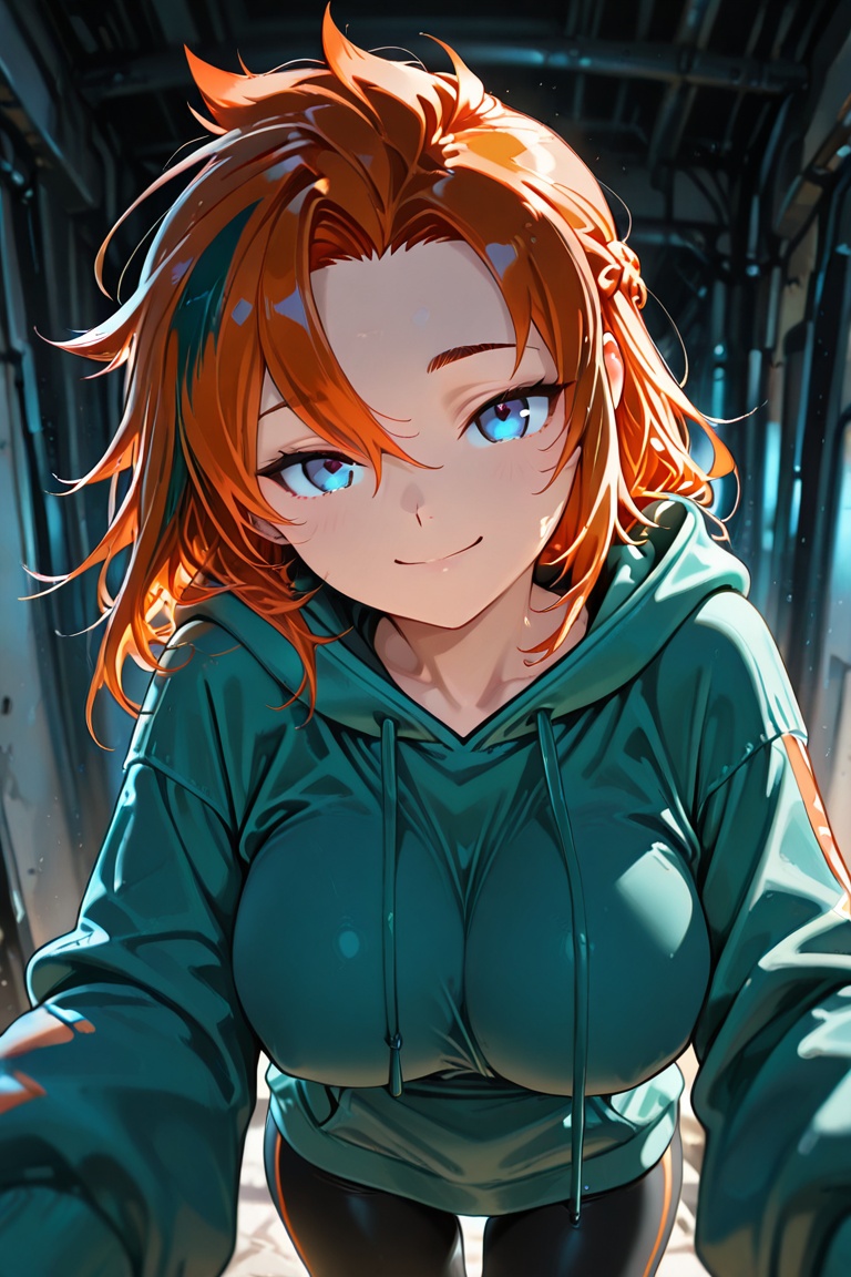 Create a captivating image of Calistaoc with blue eyes and big breasts. She has orange hair,  styled with spiky,  short ba...