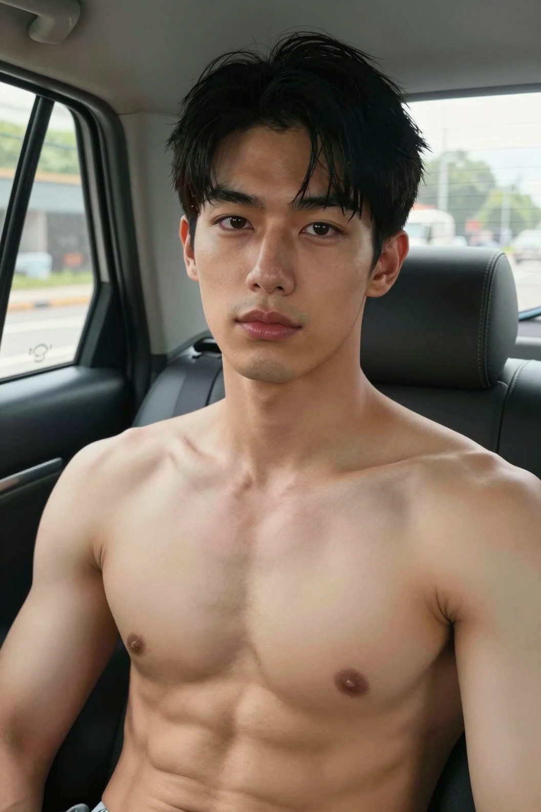 A photorealistic half portrait of a young japanese East Asian man,  with short black hair and muscular build with wide sho...