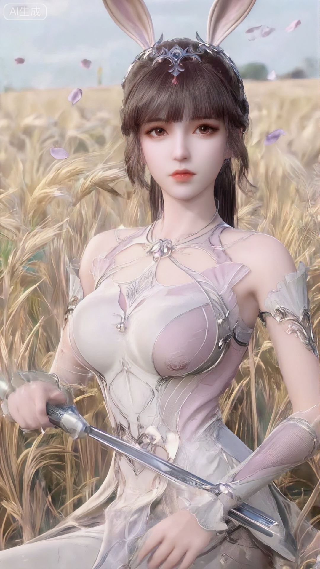 This image depicts an animation style figure beautifully rendered in rice paper. This character is dressed in traditional clothes, with complicated patterns and elegant veil. Holding a Tatsu Yamashiro, she sticks out to the audience, creating a sense of movement and focus, which makes people think that the sword has a great visual error. The background is composed of wheat ears in the wheat field, and purple petals float in the air, adding a touch of nature and tranquility to the scene. The overall atmosphere is peaceful and full of vitality, and the poised posture of the characters implies readiness and elegance. Upper body close-up, upper body effect, visual illusion, visual effect, vibration