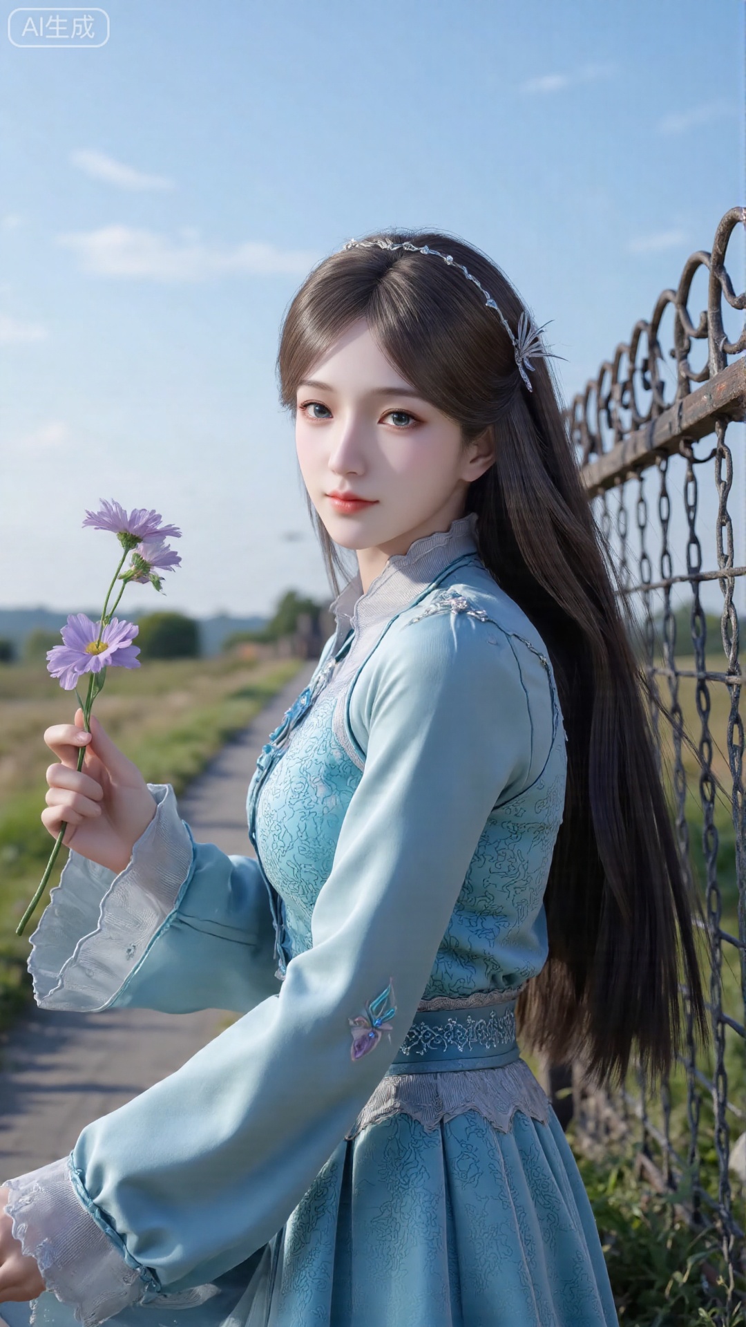 Scene photo, a close-up portrait of a grassland traveling full of summer vitality. The character sits beside the grass, with his back against the iron mesh fence, holding a small purple wild flower in his hand, looking at the camera with a smile. The long hair rises with the wind, and the hair is slightly lit under the sunlight, with a natural halo effect. Clothing details: Wearing a light blue tulle long-sleeved top, the material is light and transparent, and the sleeves flutter in the wind, making them look fresh and natural. The lower body is paired with a brown short skirt, and the hem is decorated with blue gem-like patterns, with gorgeous and low-key details. The overall look combines girlishness and fashion sense. Background and environment: The blue sky is pure and vast, and the grassland extends in the distance, adorning sparse flowers, and the background exudes a fresh outdoor atmosphere. The iron mesh fence brings a visual tension that contrasts freedom and restraint, making the picture more story-like. Light and shadow and filter: The sunlight shines from above and hits the face and hair of the characters, forming natural highlights and soft shadows. The color saturation is moderate, and the sky blue and the clothes blue echo each other, forming a sense of visual unity. The overall style is a blend of documentary travel photography and fashionable photo, which is delicate and realistic. Ambient sense: The picture exudes the refreshing atmosphere of the summer grassland and the freedom and vitality of the girl, as if the travel moments I took casually, had a blockbuster texture.