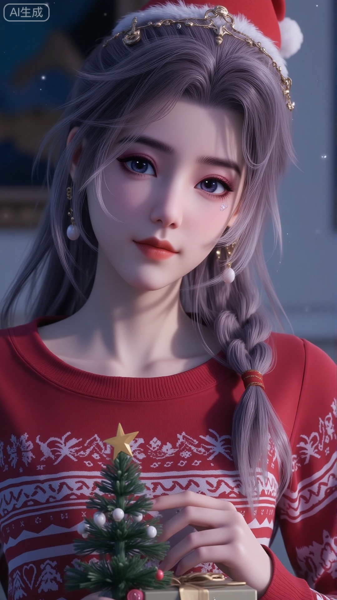 ((Best quality)), ((masterpiece)), 20 year old girl, (red and white striped sweater：1.5), (Christmas hat), Christmas tree, smooth skin, gift box ((side ponytail fried dough twisted braid), ((pale black hair)), bright curious blue eyes, (glitter), edge light, snowflake effect, light particles, contour light, snow