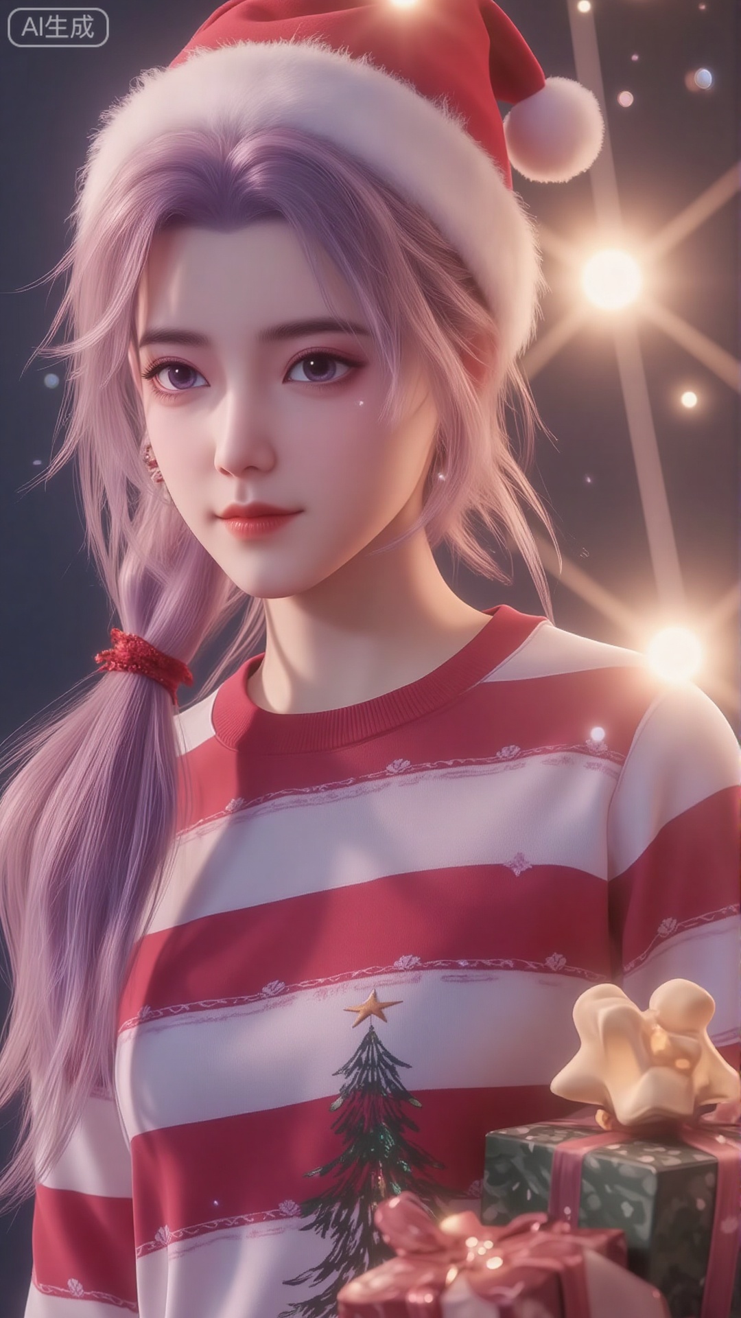 ((Best quality)), ((masterpiece)), 20-year-old girl, (red and white striped sweater: 1.5), (Christmas hat), Christmas tree, smooth skin, gift box ((braided hair with side ponytail fried dough sticks), ((lavender hair)), bright and curious purple eyes, (flash), edge light, snowflake effect, light particles.
