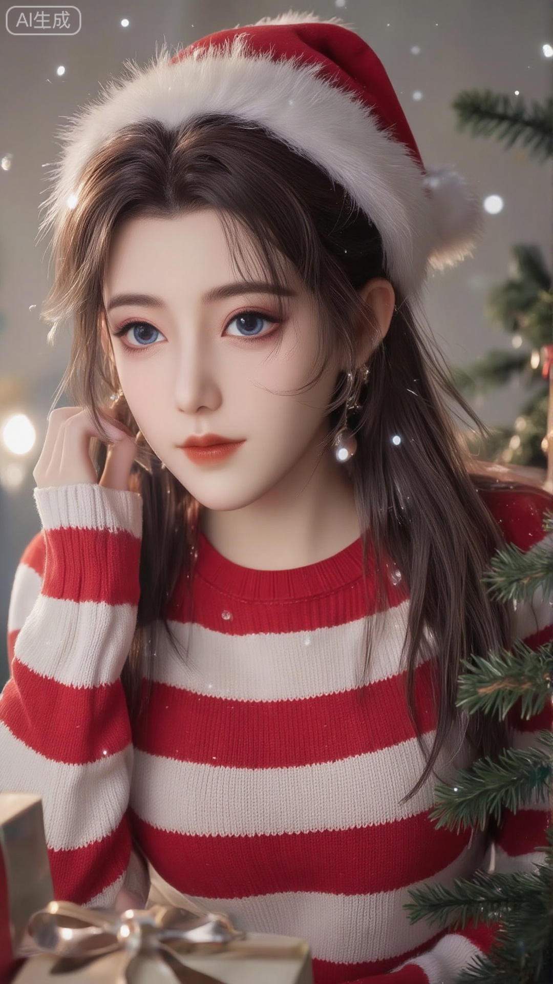 ((Best quality)), ((masterpiece)), 20 year old girl, (red and white striped sweater：1.5), (Christmas hat), Christmas tree, smooth skin, gift box ((side ponytail fried dough twisted braid), ((pale black hair)), bright curious blue eyes, (glitter), edge light, snowflake effect, light particles, contour light, snow