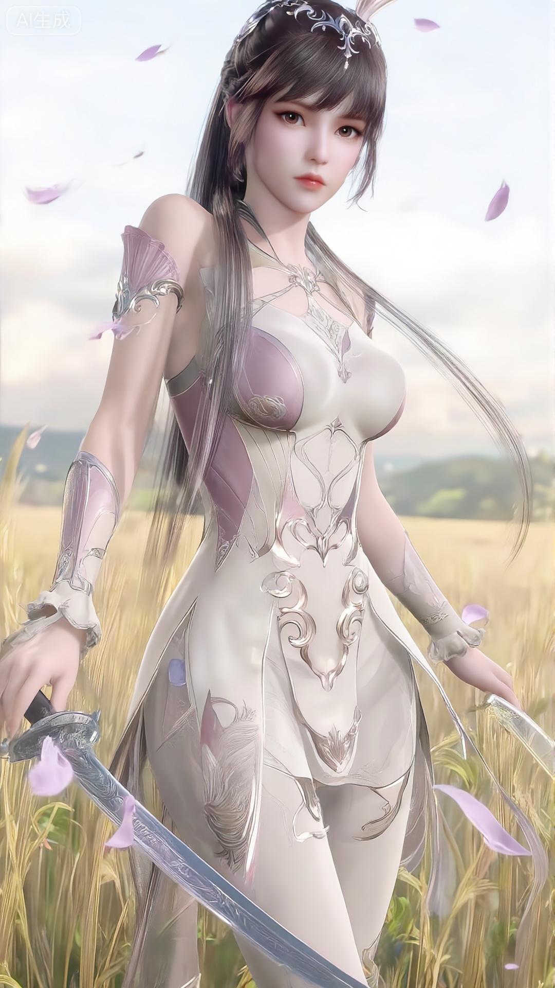 This image depicts an animation style figure beautifully rendered in rice paper. This character is dressed in traditional clothes, with complicated patterns and elegant veil. Holding a Tatsu Yamashiro, she sticks out to the audience, creating a sense of movement and focus, which makes people think that the sword has a great visual error. The background is composed of wheat ears in the wheat field, and purple petals float in the air, adding a touch of nature and tranquility to the scene. The overall atmosphere is peaceful and full of vitality, and the poised posture of the characters implies readiness and elegance. Upper body close-up, upper body effect, visual illusion, visual effect, vibration