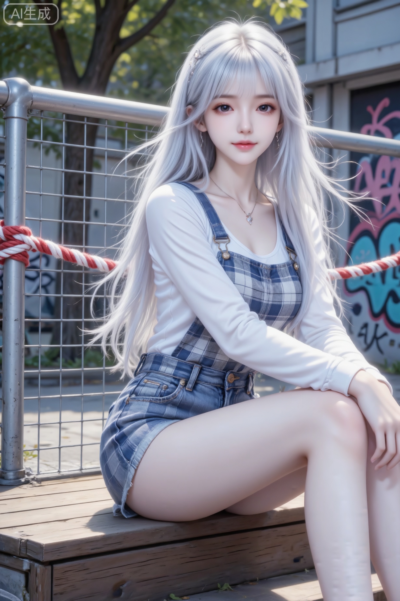 杰作级画质,顶级图像精度,超高清细节渲染,单人女性角色,（银白色亮丽的长发：1.4）,（比例优越的纤细长腿：1.3）,（肌肤白皙光滑的匀称美腿：1.4）,（挺拔饱满的D 罩杯曲线：1.4）,（精致立体的美颜五官：1.4）,美颜全开,光滑油亮的皮肤,水嫩的肌肤,一个女孩,圣采儿真实摄影,穿着白色长袖内搭、蓝灰格纹背带牛仔短裤,大长腿,侧坐在木质台阶上,背景有金属网格围栏（缠有红白色绳）、树木、带有涂鸦的建筑,整体风格清新、休闲,带有街头感,（电影级面光：1.6）,（光线追踪：1.5）,（冷白皮漫感质感的光滑皮肤：1.7）,（人物有最好的骨相：1.2）,（网感脸：1.6）,（网感妆：1.6）身材完美,莫兰迪配色,高颜值网红,INS风,幼态脸,19岁女生尖下巴,三庭五眼比例均衡,身材娇小,细腻陶瓷水嫩肌肤,偏冷白皮,随机的妆容,随机的饰品,随机的动作,侧光,发丝轻飘,凌乱,随机角度拍摄,总体有很多的不确定性,但又好看,
风格甜美少女系,氛围慵懒俏皮,东方美女,发丝呈现出自然的蓬松感与垂坠感,长发散落于肩头两侧,几缕发丝拂面,冷白皮气质美女,纯欲风,皮肤白皙,偶像气质,fairskin,气质的江南美女子,有点甜美,皮肤美白透亮,表情可爱,甜美氛围,细腻笔触,独特韵味的美,可爱表情