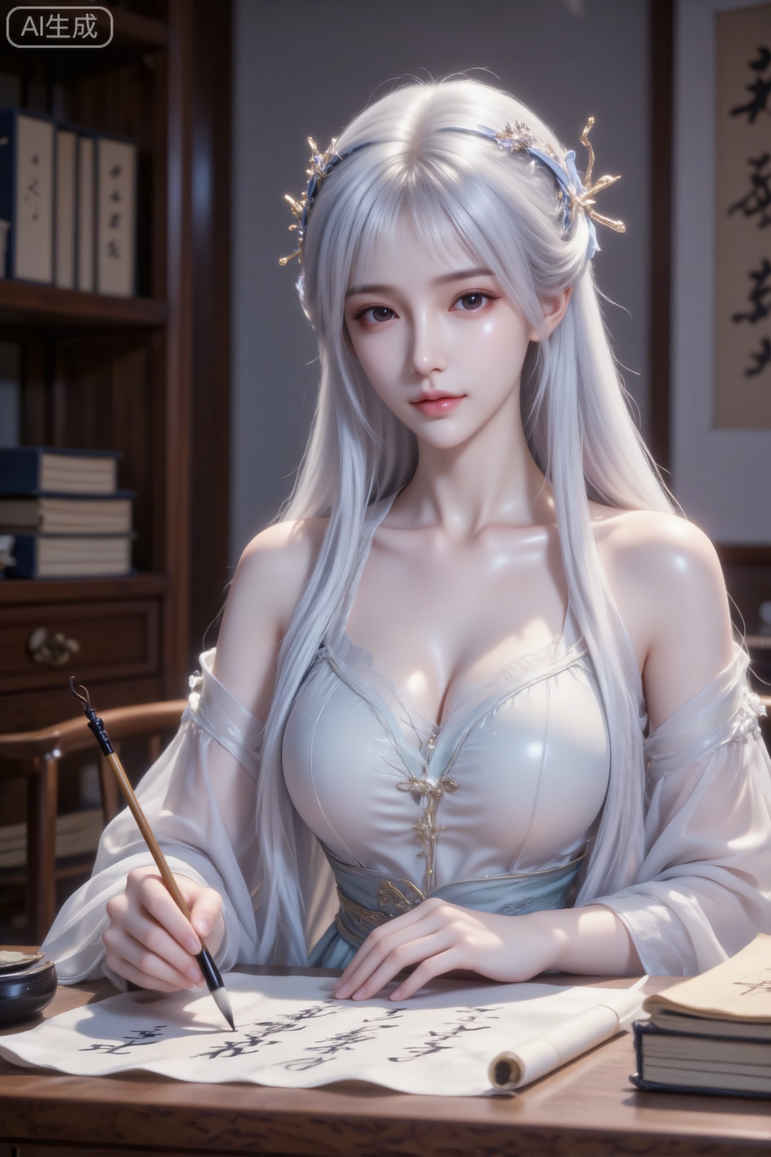 杰作级画质,顶级图像精度,超高清细节渲染,单人女性角色,（银白色亮丽的长发：1.4）,（比例优越的纤细长腿：1.3）,（肌肤白皙光滑的匀称美腿：1.4）,（挺拔饱满的D 罩杯曲线：1.4）,（精致立体的美颜五官：1.4）,美颜全开,光滑油亮的皮肤,水嫩的肌肤,一个女孩,圣采儿真人写真,长相精致,皮肤瓷白、细腻、透亮泛着莹润光泽的年轻漂亮的女孩,脸部写实,高饱和度,身穿浅色轻纱,浓密长发和发带,古代服饰,汉代半披发发式,光影对比强烈、斑驳,在古香古色的书房中站在书桌前写毛笔字,意境深远,全身,背景虚化。