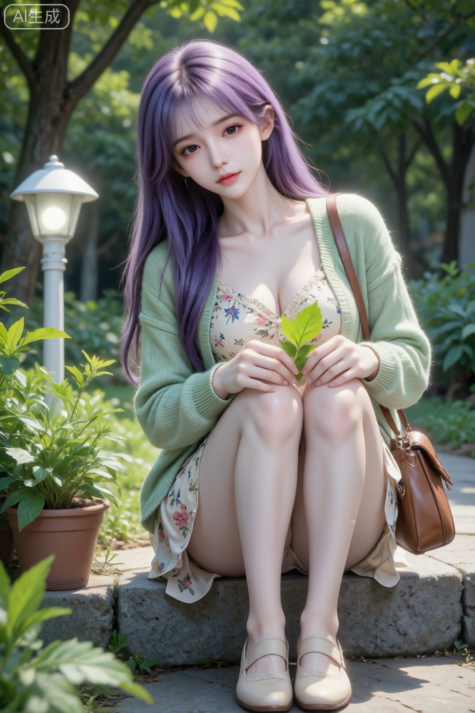 杰作级画质,顶级图像精度,超高清细节渲染,单人女性角色,（紫色亮丽的长发：1.4）,（比例优越的纤细长腿：1.3）,（肌肤白皙光滑的匀称美腿：1.4）,（挺拔饱满的D 罩杯曲线：1.4）,（精致立体的美颜五官：1.4）,美颜全开,光滑油亮的皮肤,水嫩的肌肤,一个女孩,圣采儿真实摄影,身穿淡绿色针织开衫、米色碎花连衣裙,斜挎棕色皮质包包,脚穿米色鞋子；姿态为蹲在石阶上,双手轻握一片绿叶,身体微微前倾；周围有各类绿色植物（含盆栽与繁茂草木）,背景是茂密的树林与白色户外灯具,光线柔和,氛围清新、自然,充满森系写真的悠闲与治愈感,双腿笔直细长,亚洲高颜值美少女,女主优化五官比例,五官秀丽饱满,皮肤白皙稚嫩,鳃部到下巴的曲线更细,整体脸部偏向标准韩国网红,整体脸部造型锚定中国有名网红,倾斜构图,仰视拍摄,情绪写意,专业模特神情,表情细腻且自然,情绪氛围感拉满。冲突视觉,夸张酷镜头,强烈的光影对比,强烈的对比色碰撞。发型光,脸部补光,柔和侧光,光影对比,光影斑驳,画面层次丰富,强烈的光影,脸部清晰,超高颜值,小脸蛋,尖尖的下巴,幼态脸,身材修长,肤色冷白自然,陶瓷肌肤,皮肤光滑。高级感,电影质感,细腻真人皮肤纹理,前景虚化,背景虚化。