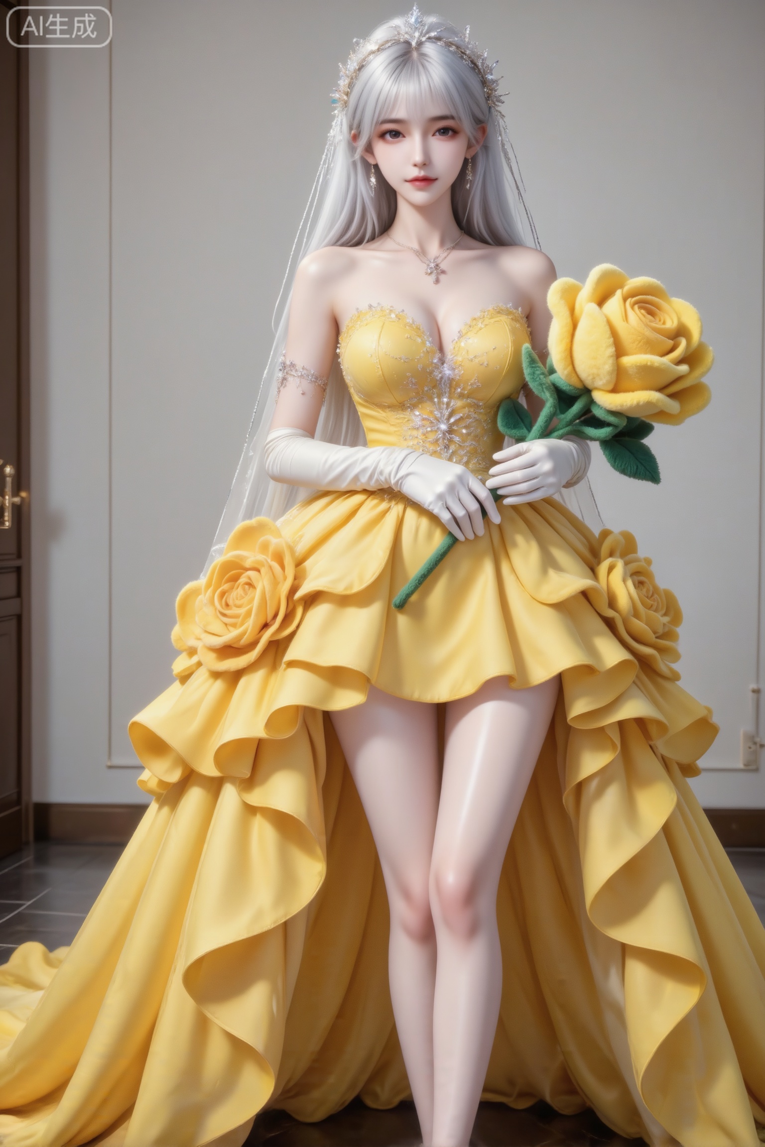杰作级画质,顶级图像精度,超高清细节渲染,单人女性角色,（银白色亮丽的长发：1.4）,（比例优越的纤细长腿：1.3）,（肌肤白皙光滑的匀称美腿：1.4）,（挺拔饱满的D 罩杯曲线：1.4）,（精致立体的美颜五官：1.4）,美颜全开,光滑油亮的皮肤,水嫩的肌肤,一个女孩,圣采儿艳丽鹅黄色婚纱,抹胸设计,蓬松超大裙摆,层叠褶皱,花朵形褶皱装饰,超长细碎碎钻流苏头饰,白色手套,年轻貌美,室内场景,浅色墙面,深色地面,优雅,浪漫,婚纱造型,甜美,高贵,**,手拿巨大毛绒黄色玫瑰花,