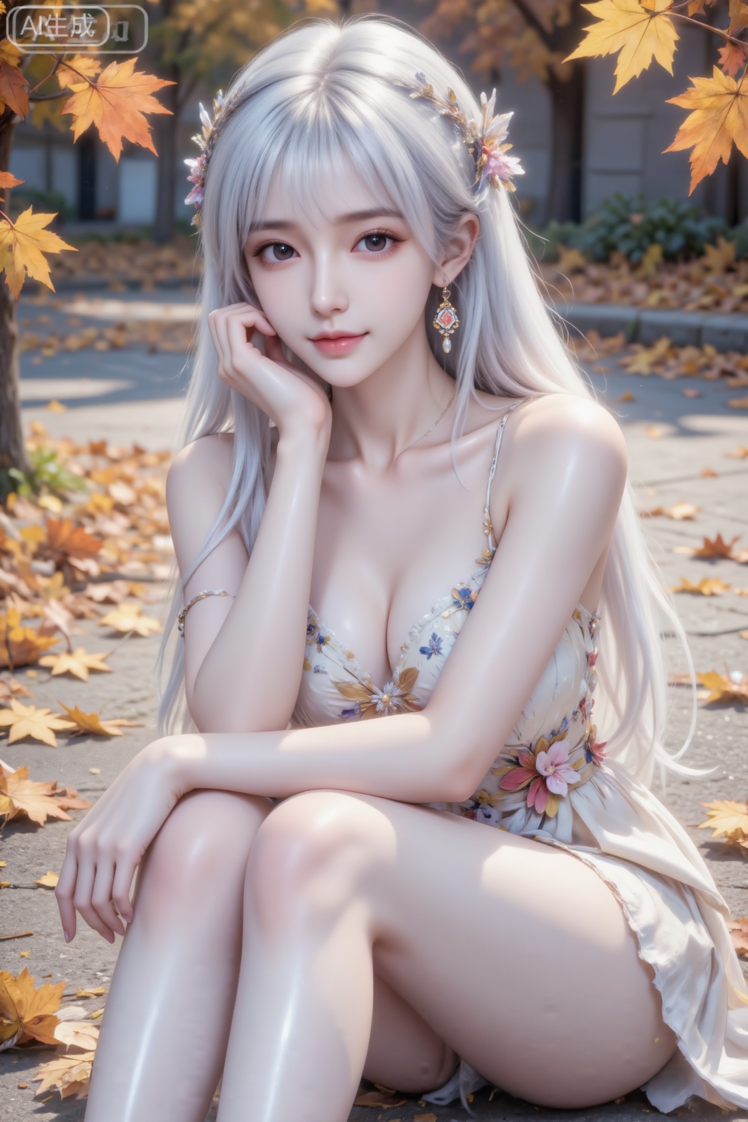 杰作级画质,顶级图像精度,超高清细节渲染,单人女性角色,（银白色亮丽的长发：1.4）,（比例优越的纤细长腿：1.3）,（肌肤白皙光滑的匀称美腿：1.4）,（挺拔饱满的D 罩杯曲线：1.4）,（精致立体的美颜五官：1.4）,美颜全开,光滑油亮的皮肤,水嫩的肌肤,一个女孩,圣采儿,
长相呆萌可爱女生,穿着花朵饰连衣裙,户外场景（背景有铺满落叶的路面、黄色秋叶）,画面边缘有橙黄色秋叶点缀,秋日氛围,人像摄影,他拍视角。氛围感。高清,细节,画面丰富,20岁东方美女,纯欲风,年轻娇小,冷白皮气质美女,纯欲风,皮肤白皙,偶像气质,fairskin,光滑,千金大小姐气质,带着精致砖石耳饰,清透,长焦镜头动态抓拍,年轻气质美女,皮肤白皙,,高质量,摆着pose,动作表情可爱。傲人身材D cup,美颜全开光滑雪白油亮水嫩的皮肤