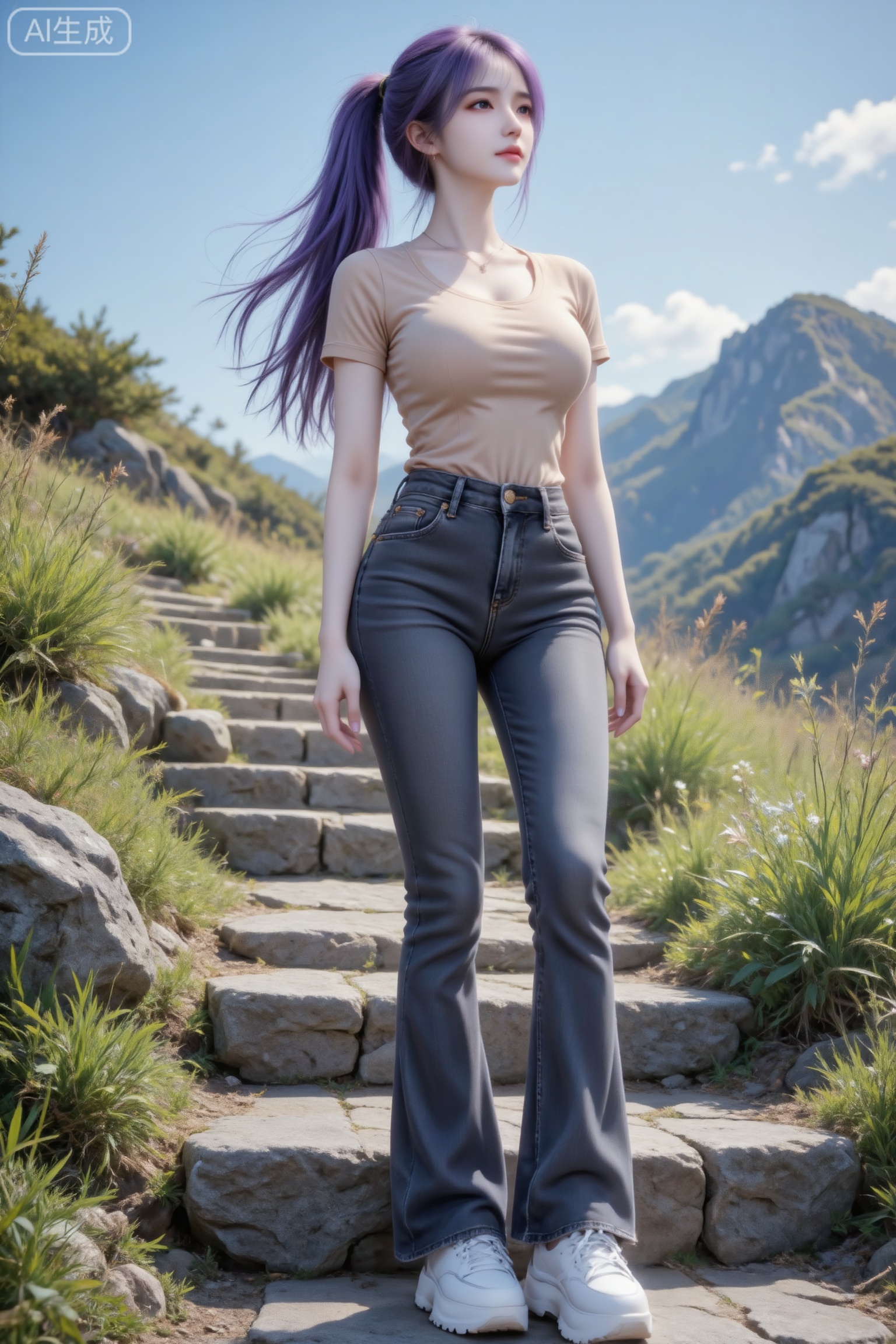 杰作级画质,顶级图像精度,超高清细节渲染,单人女性角色,（紫色亮丽的长发：1.4）,（比例优越的纤细长腿：1.3）,（肌肤白皙光滑的匀称美腿：1.4）,（挺拔饱满的D 罩杯曲线：1.4）,（精致立体的美颜五官：1.4）,美颜全开,光滑油亮的皮肤,水嫩的肌肤,一个女孩,圣采儿"大师级摄影作品,电影级渲染,8K画质,写实风格,超高清画质,**正面中景仰拍镜头**。拍摄22岁中国女生小芳,在山间杂草石阶场景呈自然姿态：身着裸色短袖上衣+深灰色紧身喇叭牛仔裤,脚穿白色厚底运动鞋,发型为黑色马尾辫,风格简约随性；姿态为直立于石阶的动作,展现户外探索的松弛氛围。背景是山间杂草、石阶与晴朗蓝天,光线突出服饰质感与场景层次；构图清晰展现穿搭与环境；HDR 渲染,画面噪点低于0.5%,