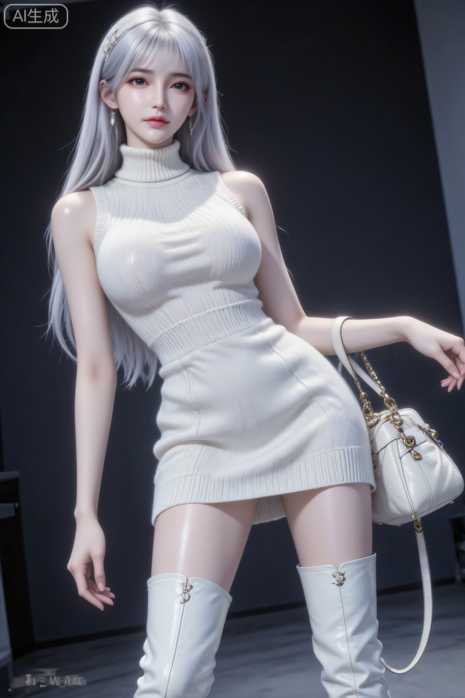 杰作级画质,顶级图像精度,超高清细节渲染,单人女性角色,（银白色亮丽的长发：1.4）,（比例优越的纤细长腿：1.3）,（肌肤白皙光滑的匀称美腿：1.4）,（挺拔饱满的D 罩杯曲线：1.4）,（精致立体的美颜五官：1.4）,美颜全开,光滑油亮的皮肤,水嫩的肌肤,一个女孩,圣采儿人像摄影,纯欲风,一位高挑高颜值美女,白色高领无袖针织短款包臀裙,白色细高跟长筒靴,冷白皮肤,皮肤白皙细腻,身材高挑完美,白色古驰包包挂在手臂上。看镜头,近景仰拍。写实风格,32k超高清画质,超高细节精度。