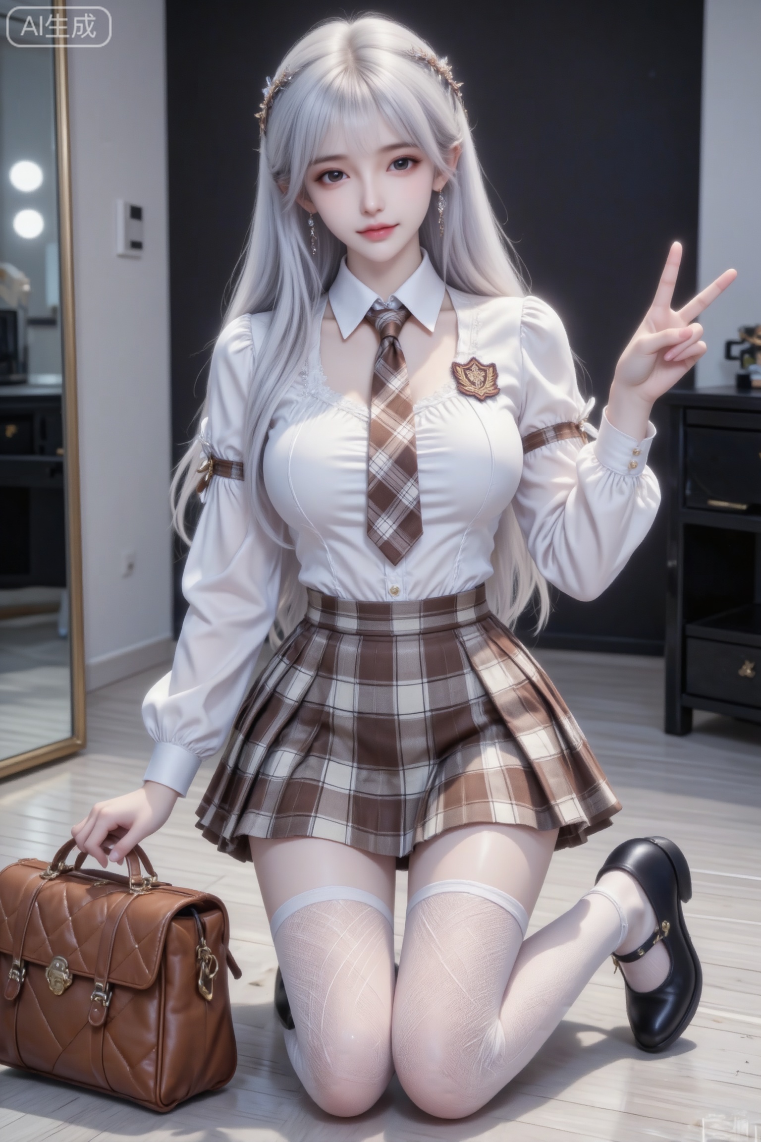 杰作级画质,顶级图像精度,超高清细节渲染,单人女性角色,（银白色亮丽的长发：1.4）,（比例优越的纤细长腿：1.3）,（肌肤白皙光滑的匀称美腿：1.4）,（挺拔饱满的D 罩杯曲线：1.4）,（精致立体的美颜五官：1.4）,美颜全开,光滑油亮的皮肤,水嫩的肌肤,一个女孩,圣采儿年轻女性,银白色长发,佩戴耳饰；穿着白色收腰衬衫（带棕色徽章、泡泡袖）、棕白格纹领带、棕白格纹百褶短裙,搭配白色网眼长袜、黑色玛丽珍鞋,手持棕色菱格纹手提包；姿态为跪姿比耶（姿态俏皮可爱）；场景是室内（带有镜子、浅色木质地板、黑色家具,光线明亮柔和）；拍摄角度为平拍,景别是全身,光影为室内柔光（营造青春学院风氛围）；风格学院风、甜美风；氛围青春、俏皮、可爱；修饰词：年轻女性,棕色长发,耳饰,白色收腰衬衫（棕色徽章,泡泡袖）,棕白格纹领带,棕白格纹百褶短裙,白色网眼长袜,黑色玛丽珍鞋,棕色菱格纹手提包,跪姿比耶姿态,室内场景,镜子,浅色木质地板,黑色家具,平拍,全身,室内柔光,学院风,甜美风,青春,俏皮,可爱