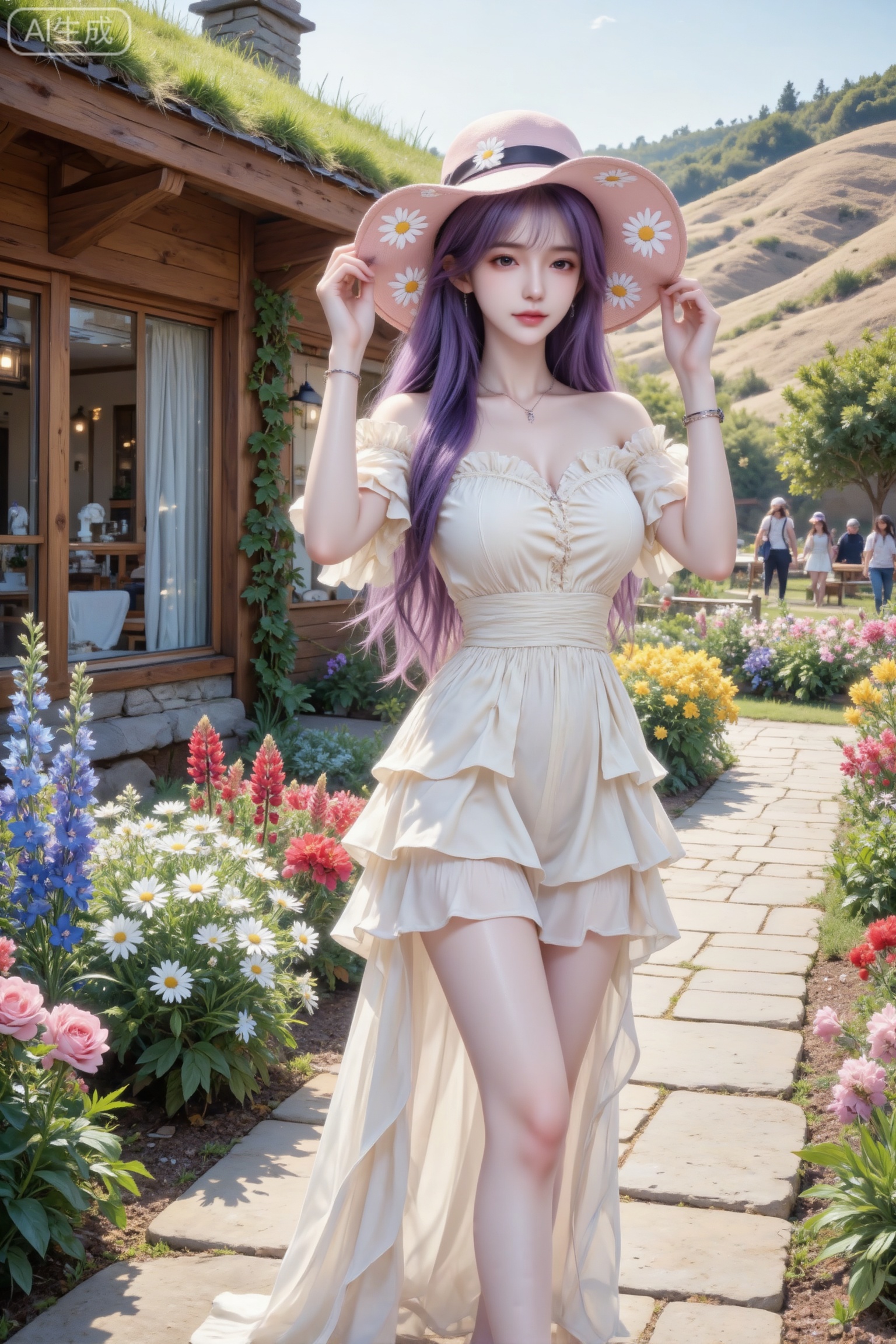 杰作级画质,顶级图像精度,超高清细节渲染,单人女性角色,（紫色亮丽的长发：1.4）,（比例优越的纤细长腿：1.3）,（肌肤白皙光滑的匀称美腿：1.4）,（挺拔饱满的D 罩杯曲线：1.4）,（精致立体的美颜五官：1.4）,美颜全开,光滑油亮的皮肤,水嫩的肌肤,一个女孩,圣采儿一位年轻东亚女性,冷白皮,妆容清新温柔,佩戴细锁骨链与细手链。身穿米白色一字肩荷叶边长裙,裙摆层叠飘逸；双手轻握一顶浅粉色宽檐草帽（帽檐印有雏菊图案,配有黑色丝带）,整体为田园度假风。在一处充满北欧风的花园民宿步道上,一侧是木质结构的民宿建筑,屋顶覆盖着绿色草皮,大玻璃窗旁缠绕着藤蔓植物；步道由浅棕色石板铺成,两侧是色彩缤纷的花境,包含蓝色飞燕草、红色鲁冰花、粉色玫瑰、白色雏菊、黄色花簇等多种花卉,搭配绿色草类植物；背景是起伏的浅褐色山坡,远处有行人,光线为柔和的白日自然光,氛围治愈清新。女性站立在石板步道上,身体微侧,直视镜头,姿态优雅又不失活泼,草帽作为道具增添了度假感。清新治愈系田园写真,色彩明亮柔和,主色调为米白、浅粉、花境的多彩蓝/红/粉/黄、木棕与草绿；光影为柔和的自然侧光,明暗过渡自然,画面质感细腻,氛围松弛、浪漫、充满生机。