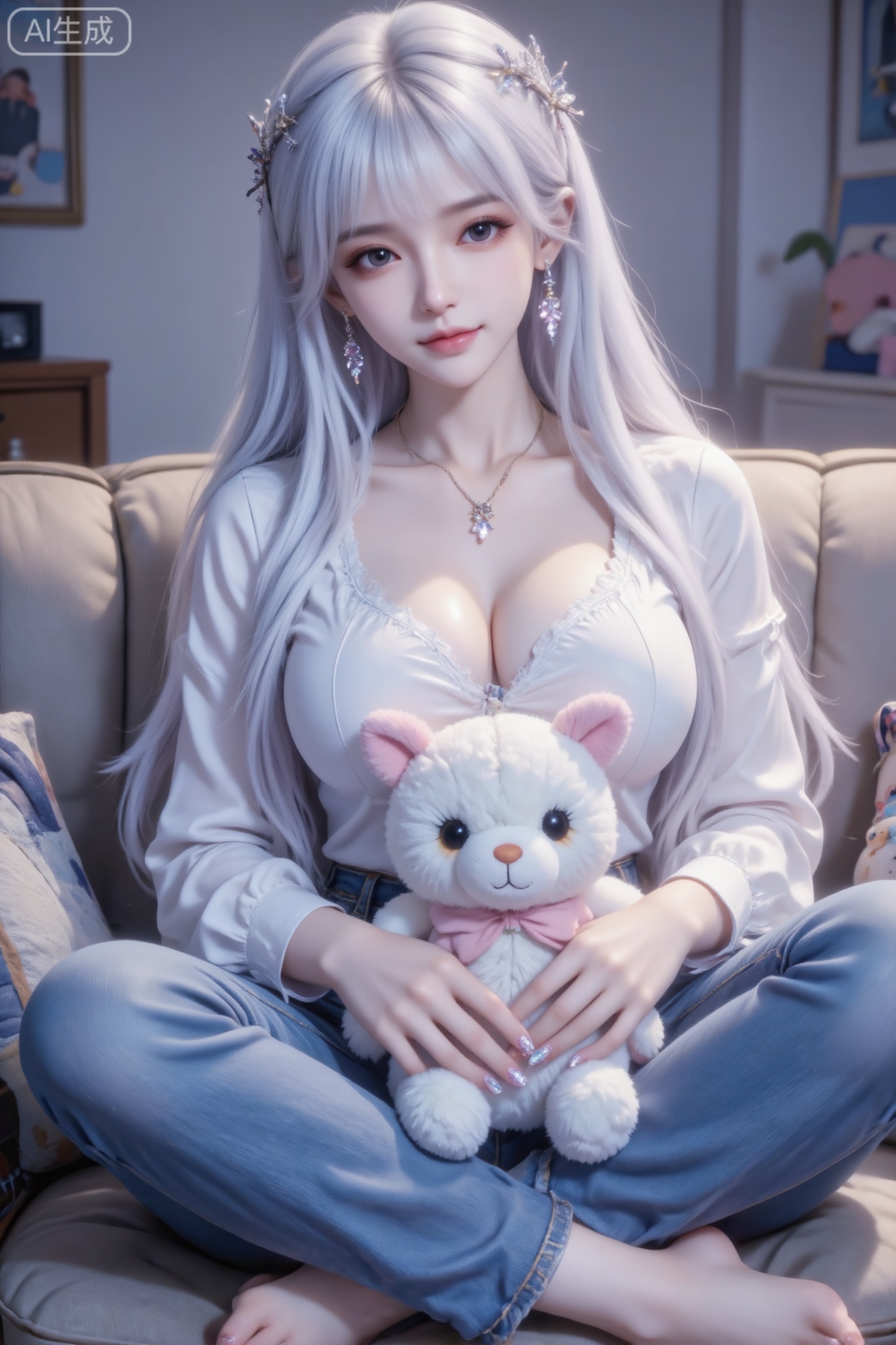 杰作级画质,顶级图像精度,超高清细节渲染,单人女性角色,（银白色亮丽的长发：1.4）,（比例优越的纤细长腿：1.3）,（肌肤白皙光滑的匀称美腿：1.4）,（挺拔饱满的D 罩杯曲线：1.4）,（精致立体的美颜五官：1.4）,美颜全开,光滑油亮的皮肤,水嫩的肌肤,一个女孩,圣采儿,
真实摄影,身着白色衬衫,牛仔裤,盘腿坐沙发里,手里抱着一个毛绒玩具,中景构图,人物居于画面中心,光线突出游挺内部质感,造型元素呼应,复古都市氛围感拉满,（电影级面光：1.6）,（光线追踪：1.5）,（冷白皮漫感质感的光滑皮肤：1.7）,（人物有最好的骨相：1.2）,（网感脸：1.6）,身材完美,莫兰迪配色,高颜值,女生尖下巴,三庭五眼比例均衡,身材娇小,娇羞的表情,细腻陶瓷水嫩肌肤,偏冷白皮,随机的妆容,随机发型和颜色,随机的饰品,随机的动作,侧光,随机角度拍摄,总体有很多的不确定性,但又好看,风格甜美系,氛围慵懒俏皮,东方美女,,发丝呈现出自然的蓬松感与垂坠感,长发散落于肩头两侧,冷白皮气质美女,纯欲风,皮肤白皙,偶像气质,皮肤美白透亮,甜美氛围,细腻笔触,独特韵味的美,亮晶晶耳饰,亮晶晶美甲,可爱表情,傲人身材D cup,美颜全开光滑雪白油亮水嫩的皮肤