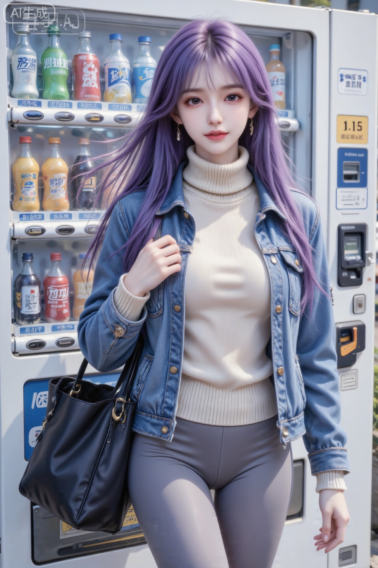 杰作级画质,顶级图像精度,超高清细节渲染,单人女性角色,（紫色亮丽的长发：1.4）,（比例优越的纤细长腿：1.3）,（肌肤白皙光滑的匀称美腿：1.4）,（挺拔饱满的D 罩杯曲线：1.4）,（精致立体的美颜五官：1.4）,美颜全开,光滑油亮的皮肤,水嫩的肌肤,一个女孩,圣采儿真实摄影,身着蓝色牛仔外套、米色高领毛衣、灰色紧身瑜伽裤,手持黑色tote 包,站立于自动售货机前（售货机陈列各色饮料,带有标识,休闲,都市,明亮自然光,双腿笔直细长,（电影级面光：1.6）,（光线追踪：1.5）,（冷白皮漫感质感的光滑皮肤：1.7）,（人物有最好的骨相：1.2）,（网感脸：1.6）,（网感妆：1.6）身材完美,莫兰迪配色,高颜值网红,INS风,幼态脸,19岁女生尖下巴,三庭五眼比例均衡,身材娇小,细腻陶瓷水嫩肌肤,偏冷白皮,随机的妆容,随机的饰品,随机的动作,侧光,发丝轻飘,凌乱,随机角度拍摄,总体有很多的不确定性,但又好看,
风格甜美少女系,氛围慵懒俏皮,东方美女,紫长直,年轻娇小,发丝呈现出自然的蓬松感与垂坠感,长发散落于肩头两侧,几缕发丝拂面,冷白皮气质美女,纯欲风,皮肤白皙,偶像气质,fairskin,气质的江南美女子,有点甜美,皮肤美白透亮,表情可爱,甜美氛围,细腻笔触,独特韵味的美,可爱表情,正面照,人物上半身特写,