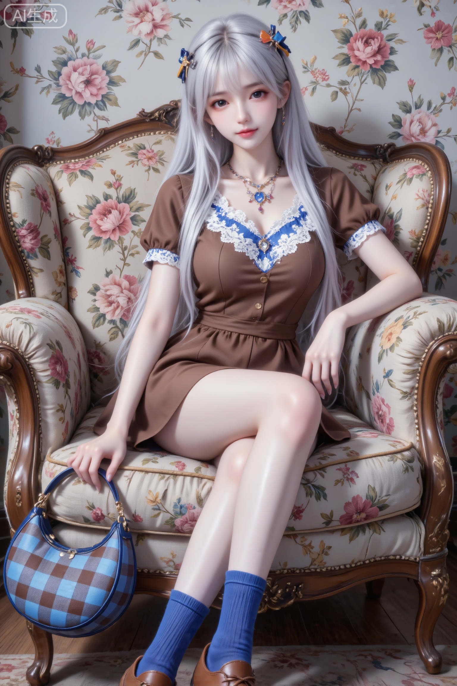 杰作级画质,顶级图像精度,超高清细节渲染,单人女性角色,（银白色亮丽的长发：1.4）,（比例优越的纤细长腿：1.3）,（肌肤白皙光滑的匀称美腿：1.4）,（挺拔饱满的D 罩杯曲线：1.4）,（精致立体的美颜五官：1.4）,美颜全开,光滑油亮的皮肤,水嫩的肌肤,一个女孩,圣采儿真实摄影,亚洲美少女,,佩戴发夹与装饰项链,穿着棕色短袖连衣裙（领口有蓝白蕾丝拼接）,搭配蓝色中筒袜与棕色鞋子,手持蓝棕格纹新月包；侧坐花卉图案的复古扶手椅上,背景是同风格花卉壁纸,整体风格复古甜美,充满文艺与俏皮的氛围。倾斜构图,（电影级面光：1.6）,（光线追踪：1.5）,（冷白皮漫感质感的光滑皮肤：1.7）,（人物有最好的骨相：1.2）,（网感脸：1.6）,（网感妆：1.6）身材完美,莫兰迪配色,高颜值网红,INS风,幼态脸,19岁女生尖下巴,三庭五眼比例均衡,身材娇小,细腻陶瓷水嫩肌肤,偏冷白皮,随机的妆容,随机的饰品,随机的动作,侧光,发丝轻飘,凌乱,随机角度拍摄,总体有很多的不确定性,但又好看,
风格甜美少女系,氛围慵懒俏皮,东方美女,年轻娇小,冷白皮气质美女,纯欲风,皮肤白皙,偶像气质,fairskin,气质的江南美女子,有点甜美,皮肤美白透亮,表情可爱,甜美氛围,细腻笔触,独特韵味的美,可爱表情