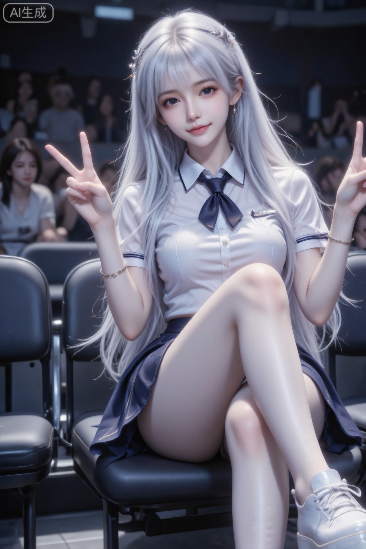 杰作级画质,顶级图像精度,超高清细节渲染,单人女性角色,（银白色亮丽的长发：1.4）,（比例优越的纤细长腿：1.3）,（肌肤白皙光滑的匀称美腿：1.4）,（挺拔饱满的D 罩杯曲线：1.4）,（精致立体的美颜五官：1.4）,美颜全开,光滑油亮的皮肤,水嫩的肌肤,一个女孩,圣采儿画面主体是一个漂亮非常白皙的少女,少女很瘦气质很好,腰线弧度比例完美,少女正看镜头,少女比耶坐在观众席,少女穿着短袖校服,构图随意,充满生活气息的快照风格。（电影级面光：1.6）,（光线追踪：1.5）,（冷白皮漫感质感的光滑皮肤：1.7）,（人物有最好的骨相：1.2）,（网感脸：1.6）,身材完美,莫兰迪配色,高颜值网红,INS风,幼态脸,19岁女生尖下巴,三庭五眼比例均衡,身材娇小,细腻陶瓷水嫩肌肤,偏冷白皮,随机的妆容,随机的饰品,随机的动作,侧光,发丝轻飘,凌乱,随机角度拍摄,总体有很多的不确定性,但又好看,
风格甜美少女系,氛围慵懒俏皮,东方美女,,发丝呈现出自然的蓬松感与垂坠感,长发散落于肩头两侧,几缕发丝拂面,冷白皮气质美女,薇薇纯欲风,皮肤白皙,偶像气质,fairskin,气质的江南美女子,有点甜美,皮肤美白透亮,表情可爱,甜美氛围,细腻笔触,独特韵味的美,可爱表情,全身照,大长腿,厚底鞋