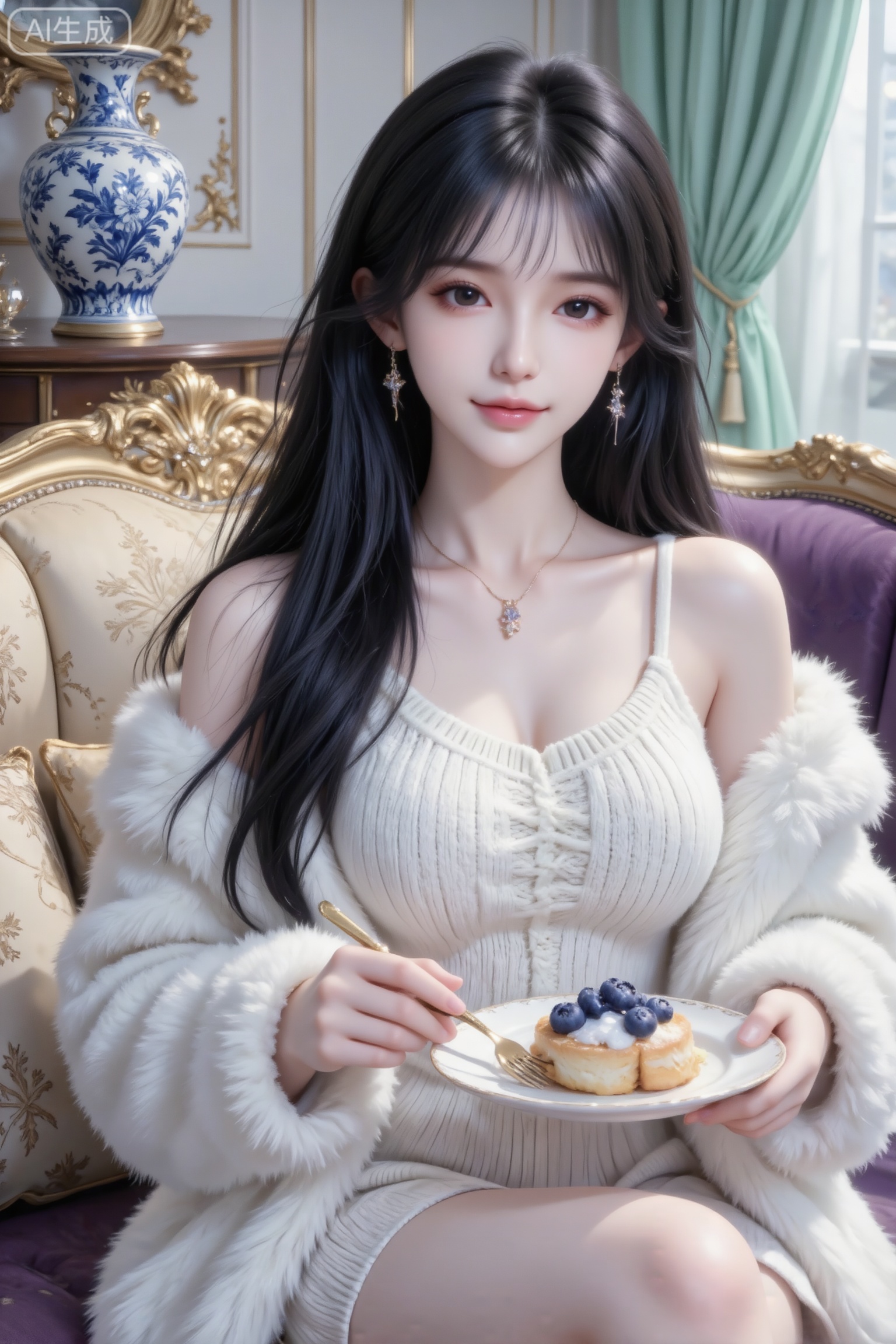 杰作级画质,顶级图像精度,超高清细节渲染,单人女性角色,（紫色亮丽的长发：1.4）,（比例优越的纤细长腿：1.3）,（肌肤白皙光滑的匀称美腿：1.4）,（挺拔饱满的D 罩杯曲线：1.4）,（精致立体的美颜五官：1.4）,美颜全开,光滑油亮的皮肤,水嫩的肌肤,一个女孩,圣采儿真实摄影,穿着白色毛绒外套、白色针织内搭,右手拿着白色盘子（盘里有蓝莓点缀的点心）,左手拿着黄金叉子,身处装饰奢华的室内（背景有蓝白花纹瓷瓶、金色雕花桌、带有花纹的米色沙发、紫色座椅、浅绿色窗帘）,整体风格优雅、精致,充满轻奢生活的氛围感,（电影级面光：1.6）,（光线追踪：1.5）,（冷白皮漫感质感的光滑皮肤：1.7）,（人物有最好的骨相：1.2）,（网感脸：1.6）,（网感妆：1.6）身材完美,莫兰迪配色,高颜值网红,INS风,幼态脸,19岁女生尖下巴,三庭五眼比例均衡,身材娇小,细腻陶瓷水嫩肌肤,偏冷白皮,随机的妆容,随机的饰品,随机的动作,侧光,发丝轻飘,凌乱,随机角度拍摄,总体有很多的不确定性,但又好看,
风格甜美少女系,氛围慵懒俏皮,东方美女,黑长直,年轻娇小,发丝呈现出自然的蓬松感与垂坠感,长发散落于肩头两侧,几缕发丝拂面,冷白皮气质美女,纯欲风,皮肤白皙,偶像气质,fairskin,气质的江南美女子,有点甜美,皮肤美白透亮,表情可爱,甜美氛围,细腻笔触,独特韵味的美,可爱表情,傲人身材D cup,美颜全开光滑雪白油亮水嫩的皮肤