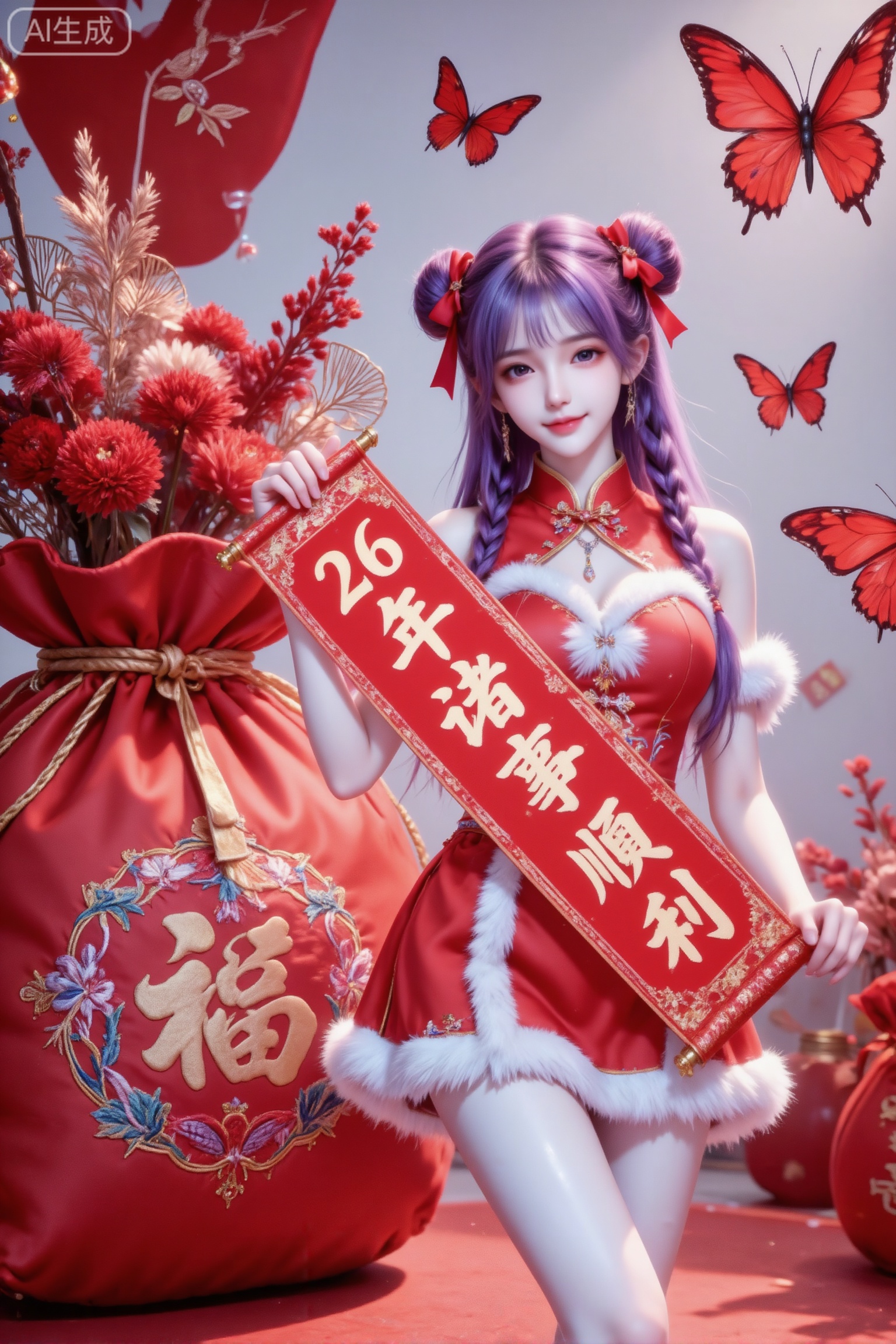 杰作级画质,顶级图像精度,超高清细节渲染,单人女性角色,（紫色亮丽的长发：1.4）,（比例优越的纤细长腿：1.3）,（肌肤白皙光滑的匀称美腿：1.4）,（挺拔饱满的D 罩杯曲线：1.4）,（精致立体的美颜五官：1.4）,美颜全开,光滑油亮的皮肤,水嫩的肌肤,一个女孩,圣采儿橱窗展厅空间美学装饰设计,新年美陈,传统元素刺绣巨大福袋与精致红色系精致花艺搭配的大型艺术装置,多只大小不一的轻纱红色蝴蝶停驻,一位穿着红色中式礼服装饰白色毛毛的绝色美女,中式穿搭,活泼可爱,两个低麻花辫折叠成两个发髻,发髻上扎蝴蝶结,双手斜举一副对联,对联上写“26年诸事顺利”,逐字竖版书写的对联,设计款重工穿搭,（电影级面光：1.6）,（光线追踪：1.5）,（冷白皮漫感质感的光滑皮肤：1.7）,（人物有最好的骨相：1.2）,（网感脸：1.6）,（网感妆：1.6）身材完美,莫兰迪配色,高颜值网红,INS风,幼态脸,19岁女生尖下巴,三庭五眼比例均衡,身材娇小,细腻陶瓷水嫩肌肤,偏冷白皮,随机的妆容,随机的饰品,随机的动作,侧光,发丝轻飘,凌乱,随机角度拍摄,总体有很多的不确定性,但又好看,
风格甜美少女系,氛围慵懒俏皮,东方美女,年轻娇小,冷白皮气质美女,纯欲风,沙漏型身材,B cup,皮肤白皙,偶像气质,fairskin,气质的江南美女子,有点甜美,皮肤美白透亮,表情可爱,甜美氛围,细腻笔触,独特韵味的美,近景上半身特写