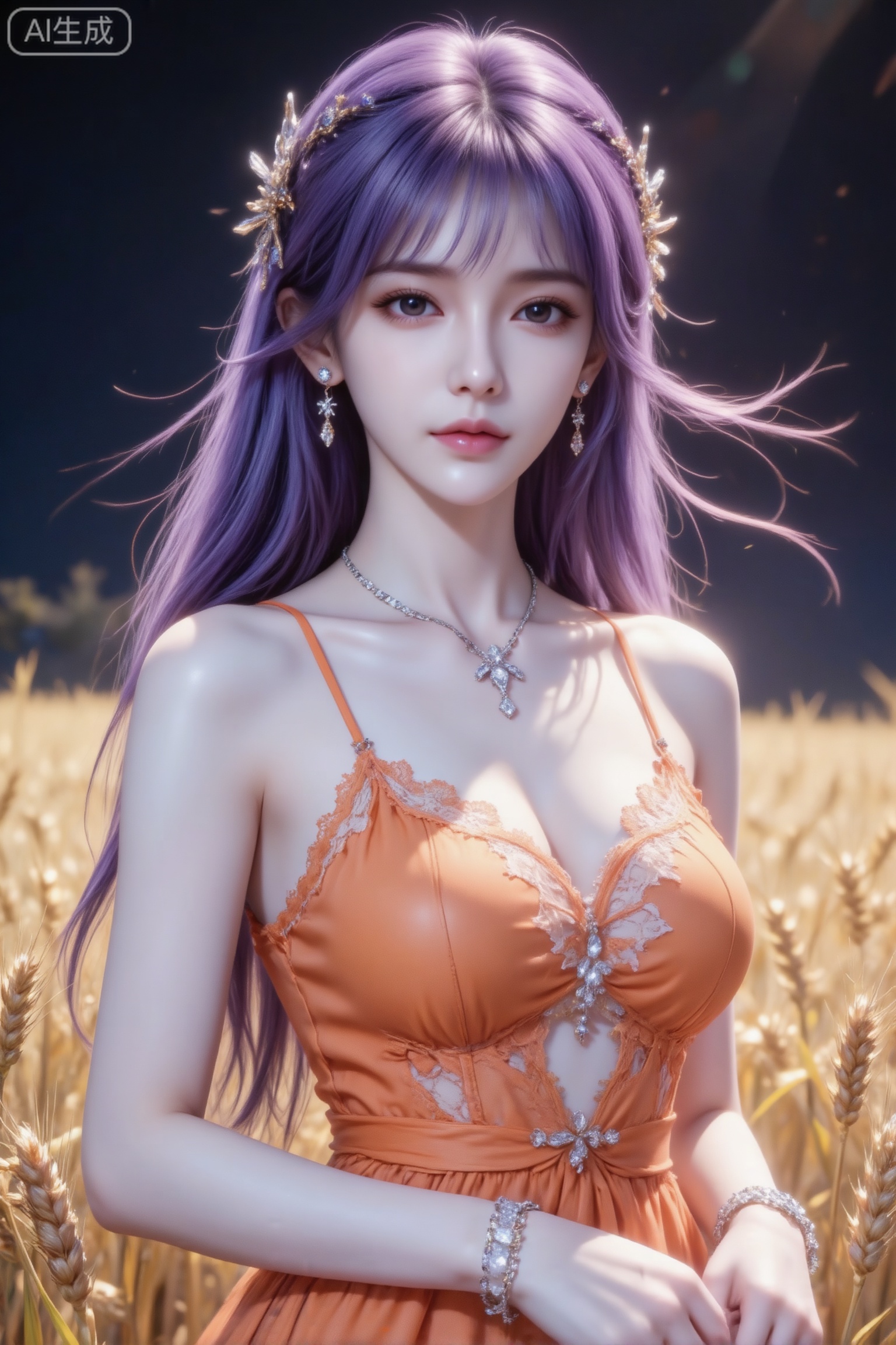 杰作级画质,顶级图像精度,超高清细节渲染,单人女性角色,（紫色亮丽的长发：1.4）,（比例优越的纤细长腿：1.3）,（肌肤白皙光滑的匀称美腿：1.4）,（挺拔饱满的D 罩杯曲线：1.4）,（精致立体的美颜五官：1.4）,美颜全开,光滑油亮的皮肤,水嫩的肌肤,一个女孩,圣采儿图片风格为写真,采用超写实的写真风格,整体冷色调,高曝光高亮度且对比强烈。画面中是一位拥有冰瓷玉肌冷白皮的绝世美人,皮肤细腻白皙、通透感强,瓜子脸,清纯气质。远景全身视角,完美身材。背景是在金色的麦田里。她留着随机偏分的紫色头发,几缕发丝轻拂脸庞。身穿橘色蕾丝花边的吊带连衣裙,发饰和衣服精致感十足。戴着耳钉、项链和钻石手链。她自然的站在金色的麦田里看向镜头,眼神情脉脉,专业模特的神情细腻自然,情绪氛围感拉满。阳光照在脸上形成明暗对比,发丝光和柔和侧光相伴,暗调背景使光影斑驳、层次丰富。轻微的曝光过度增添了空灵感、自然感等氛围,照片感染力和故事感强,32k超高清分辨率,无噪点。比例9:16。