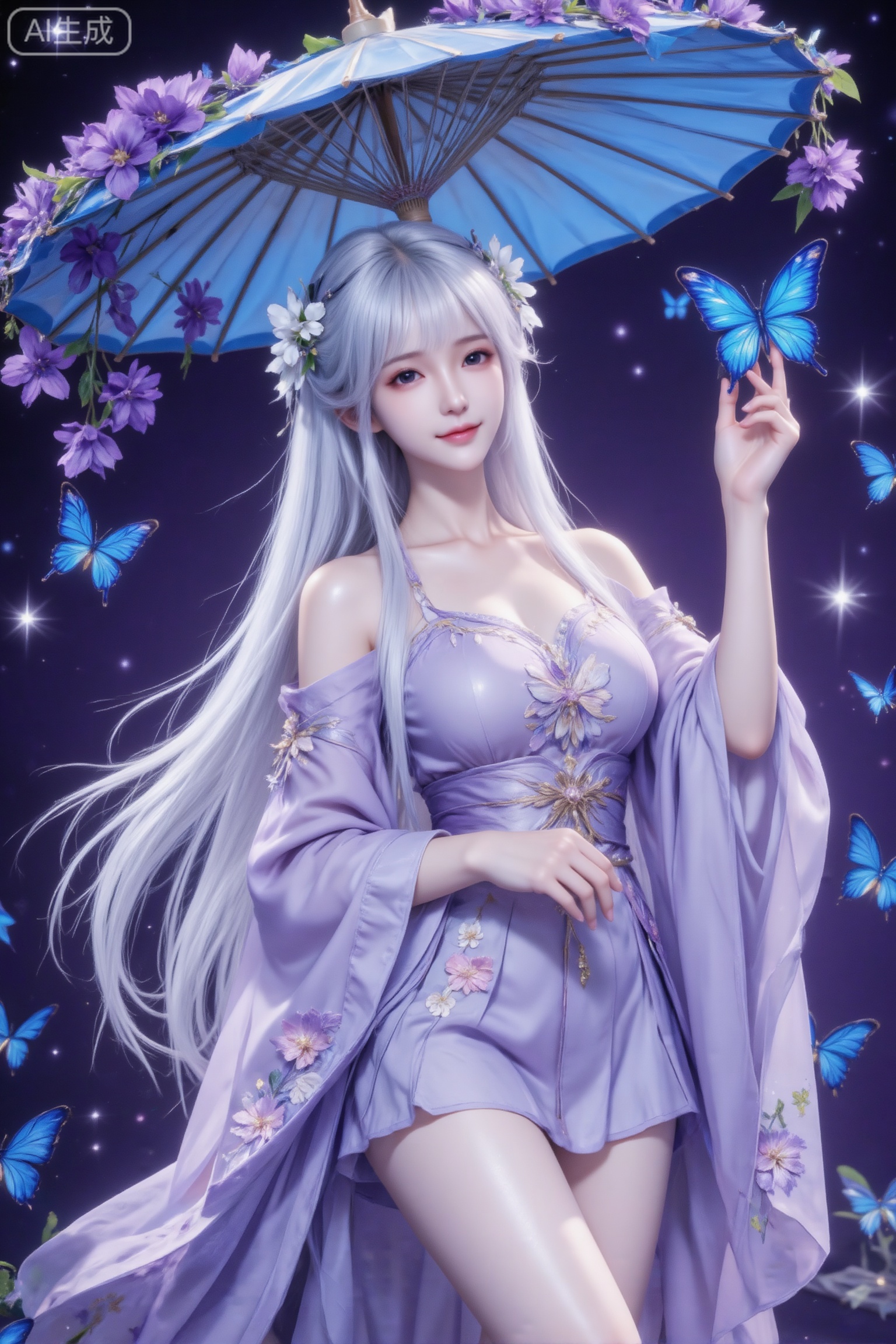 杰作级画质,顶级图像精度,超高清细节渲染,单人女性角色,（银白色亮丽的长发：1.4）,（比例优越的纤细长腿：1.3）,（肌肤白皙光滑的匀称美腿：1.4）,（挺拔饱满的D 罩杯曲线：1.4）,（精致立体的美颜五官：1.4）,美颜全开,光滑油亮的皮肤,水嫩的肌肤,一个女孩,圣采儿,
真实摄影,银白色长发（发间有白色小花发饰）,穿着带有花卉刺绣的淡紫色飘逸广袖汉服,手持一把装饰着紫色花朵的蓝色油纸伞,一只手高高抬起轻触伞面附近的蓝色蝴蝶,周围有大量蓝色蝴蝶飞舞,背景是深紫色带星光的梦幻氛围,整体风格仙气、梦幻,充满古风奇幻的唯美氛围感,（电影级面光：1.6）,（光线追踪：1.5）,（冷白皮漫感质感的光滑皮肤：1.7）,（人物有最好的骨相：1.2）,（网感脸：1.6）,（网感妆：1.6）身材完美,莫兰迪配色,高颜值网红,INS风,幼态脸,19岁女生尖下巴,三庭五眼比例均衡,身材娇小,细腻陶瓷水嫩肌肤,偏冷白皮,随机的妆容,随机的饰品,随机的动作,侧光,发丝轻飘,凌乱,随机角度拍摄,总体有很多的不确定性,但又好看,
风格甜美少女系,氛围慵懒俏皮,东方美女,黑长直,年轻娇小,发丝呈现出自然的蓬松感与垂坠感,长发散落于肩头两侧,几缕发丝拂面,冷白皮气质美女,纯欲风,皮肤白皙,偶像气质,fairskin,气质的江南美女子,有点甜美,皮肤美白透亮,表情可爱,甜美氛围,细腻笔触,独特韵味的美,可爱表情,傲人身材,D cup,美颜全开,光滑雪白油亮水嫩的皮肤