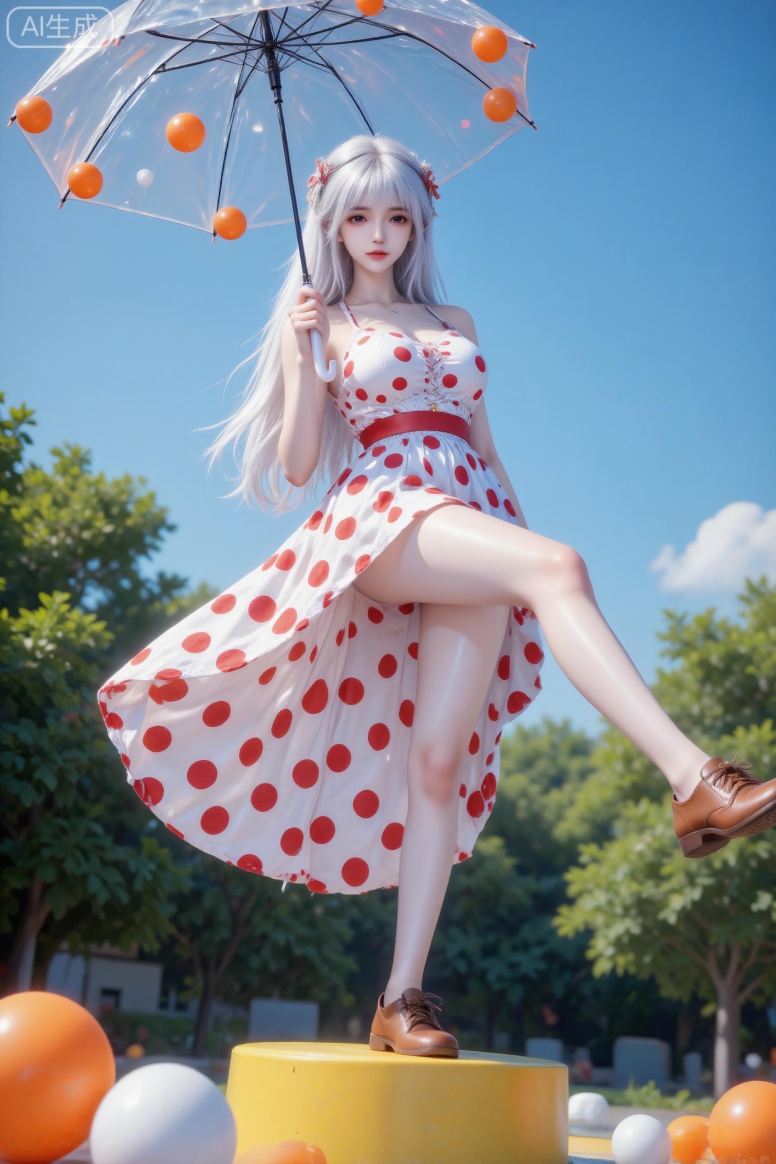 杰作级画质,顶级图像精度,超高清细节渲染,单人女性角色,（银白色亮丽的长发：1.4）,（比例优越的纤细长腿：1.3）,（肌肤白皙光滑的匀称美腿：1.4）,（挺拔饱满的D 罩杯曲线：1.4）,（精致立体的美颜五官：1.4）,美颜全开,光滑油亮的皮肤,水嫩的肌肤,一个女孩,圣采儿真实摄影,亚洲高颜值美少女,手持透明雨伞（伞面装饰橙色小球）；穿着白色红波点上衣、白色红波点大摆长裙,脚穿棕色鞋子；单脚站立于黄色圆形物体上,另一脚抬起,身体舒展；周围有橙色、白色小球散落,背景是晴朗蓝天、绿树；整体风格活泼、清新,充满夏日童趣氛围感,双腿笔直细长,倾斜构图,俯视拍摄,情绪写意,专业模特神情,表情细腻且自然,情绪氛围感拉满。冲突视觉,夸张酷镜头,强烈的光影对比,强烈的对比色碰撞。发型光,脸部补光,柔和侧光,光影对比,光影斑驳,画面层次丰富,脸部清晰,超高颜值,小脸蛋,尖尖的下巴,幼态脸,身材修长,肤色冷白自然,陶瓷肌肤,皮肤光滑。高级感,电影质感,细腻真人皮肤纹理,前景虚化,背景虚化。