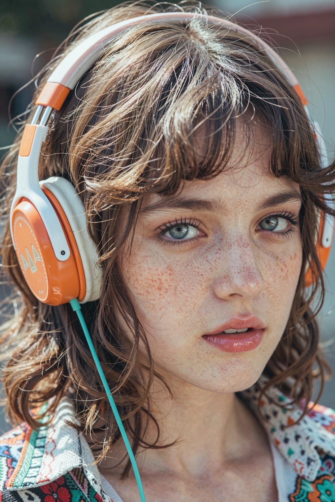 Extreme close-up,  frontal shot of a young woman with a nostalgic 1970s aesthetic,  featuring messy on Tensor.Art