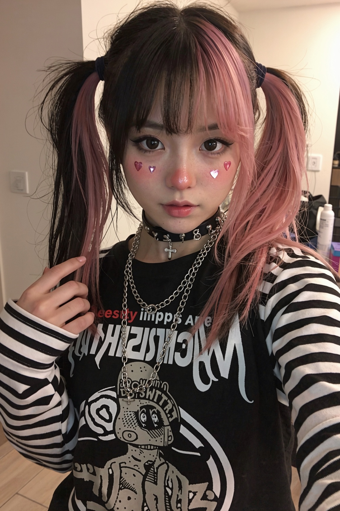 A realistic mirror selfie of a girl with a doll-like face and heavy e-girl makeup. She has thick winged eyeliner,  a red-t...