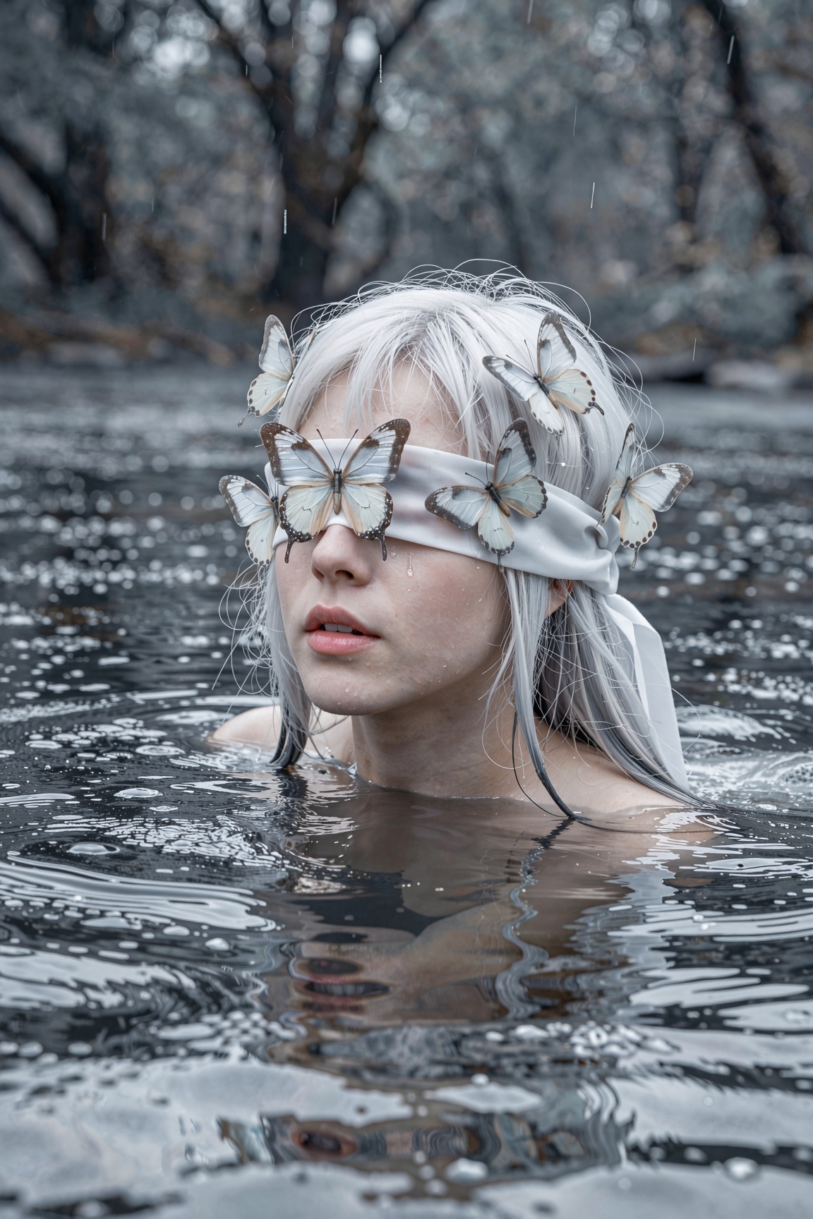 Create a surreal and melancholic image. The focal point is a woman with pale skin and short,  white hair,  partially subme...
