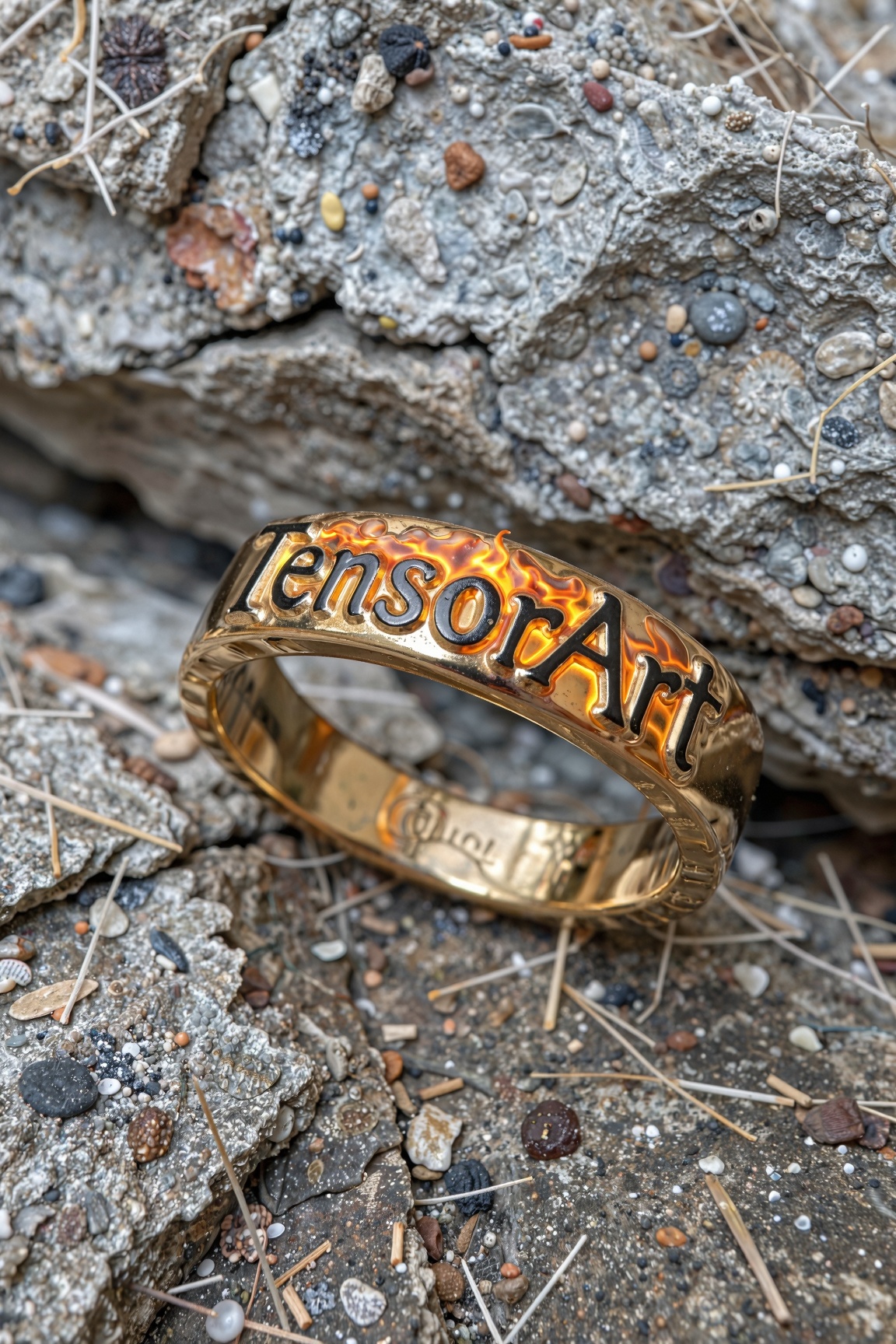 Craft a vivid and dramatic description of a gold ring,  inspired by the legendary the One Ring from "The Lord of the Rings...