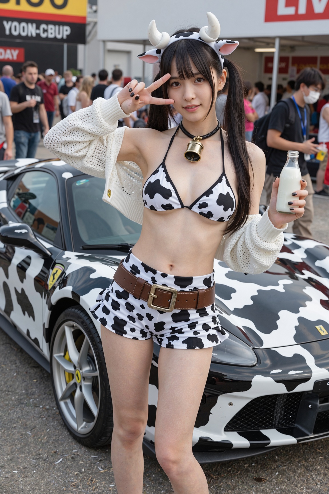 A highly detailed realistic portrait of a stunning Japanese female cosplayer dressed as a Holstein cow girl. This single w...