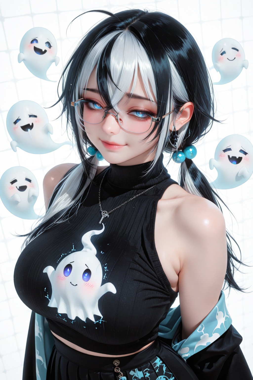 ,masterpiece,best quality,very aesthetic,1girl,extremely delicate and beautiful,Noise and grain,huge filesize,amazing quality,foreshortening,stylish_pose,half-closed_eyes,bare shoulders,looking_at_viewer,ecg background,evil smile,closed mouth,spiral_eyes,ringed_eyes,rimless_eyewear,gothic,arm_behind_back,adjusting_eyewear,twintails,haori,streaked hair,white hair,blue eyes,low ponytail,white_background,curvy,glamor,ghost_print,crossed bangs,hair_bobbles,beltskirt,side chest,ribbed_sweater,pleated_skirt,(little ghost:1.1),dynamic_angle,upper_body,dynamic posture,sleepy,