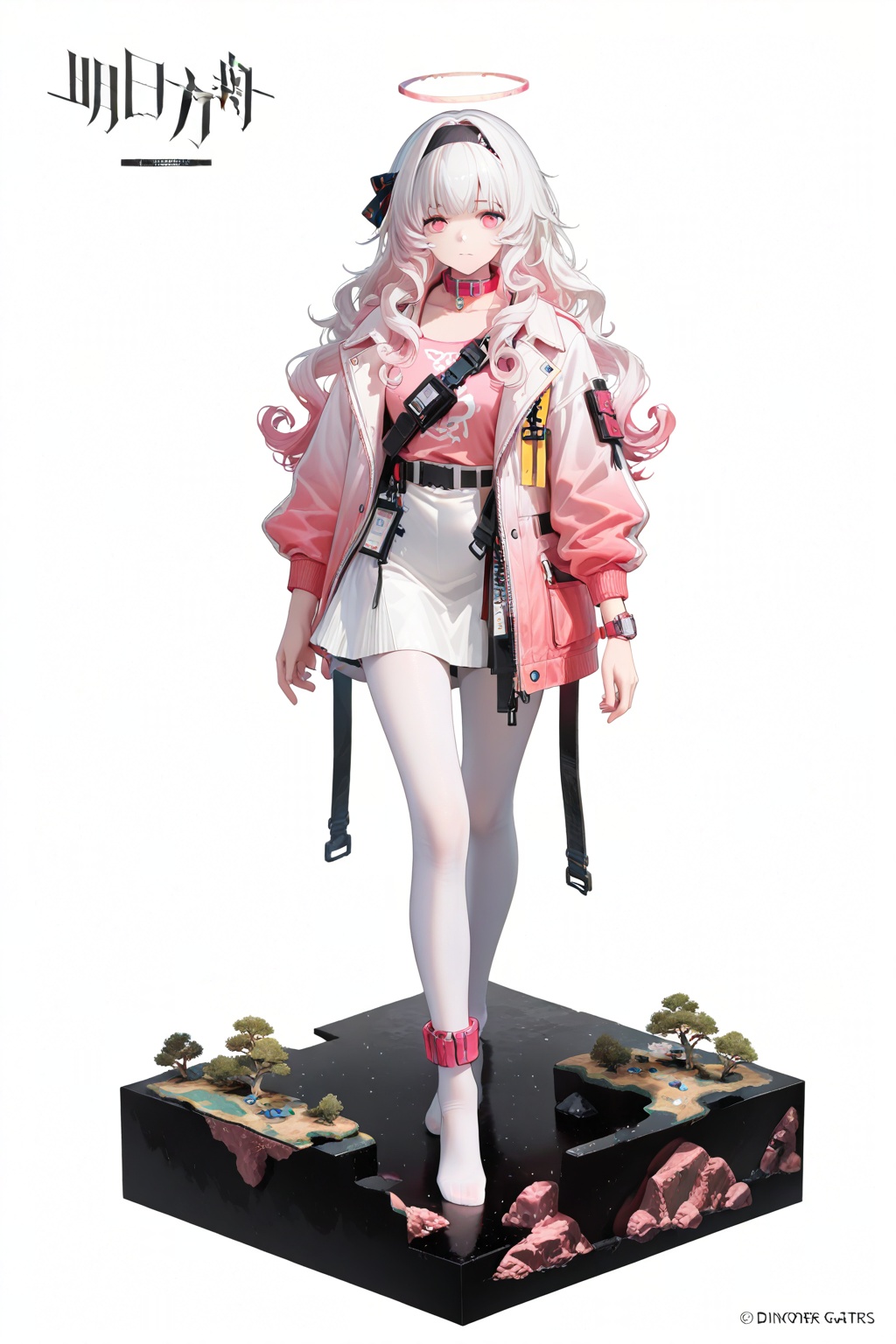 BJLH,official art,game art,diorama,white background,Arknights style,1girl,solo,white hair,pink gradient hair,curly hair,long hair,light red eyes,light red halo,pink and white jacket,light pink shirt,white short skirt,white_pantyhose,pink watch,pink collar,pink leg ring,full body,black headband,