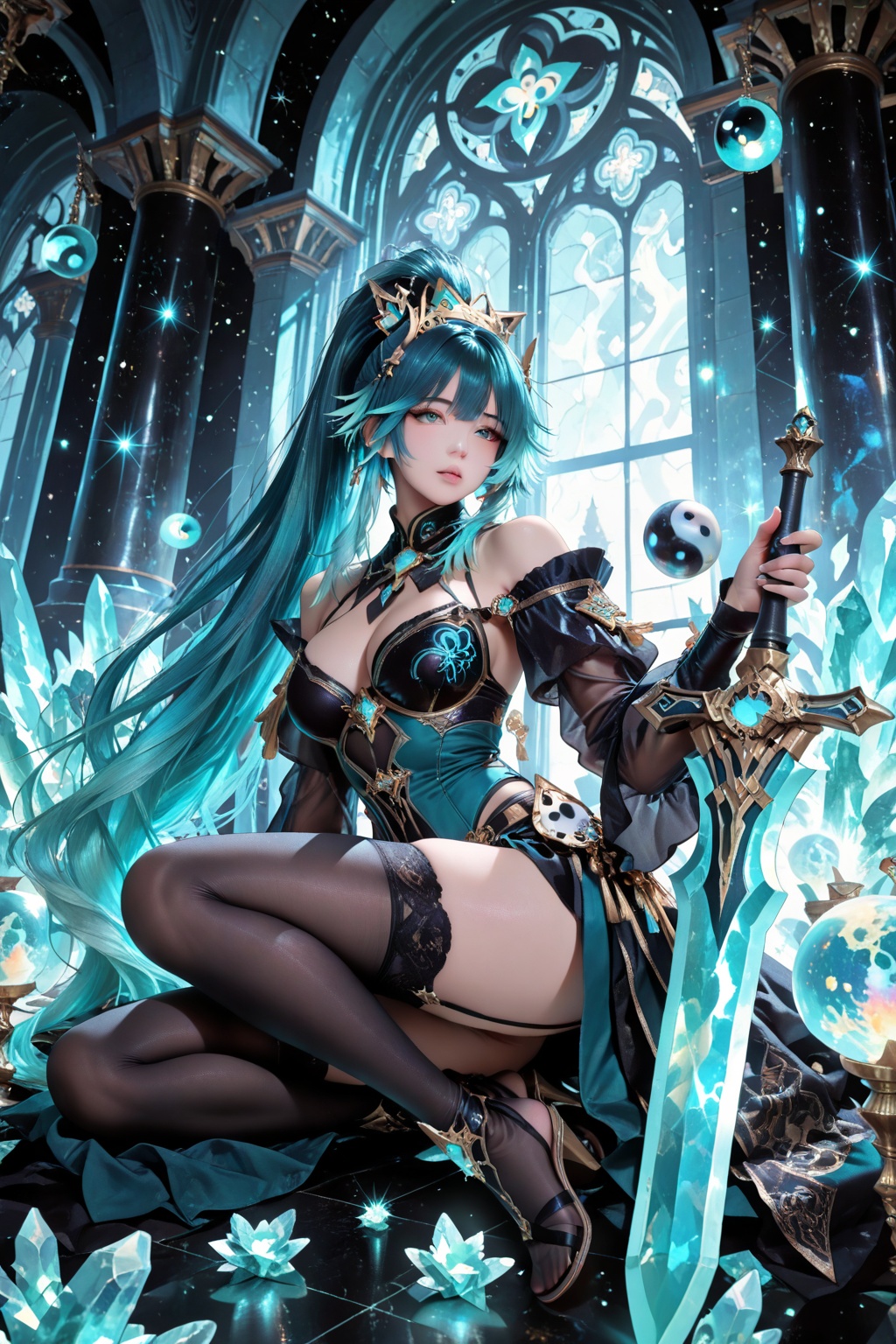 masterpiece, best quality, 1girl, female warrior, long gradient black and white hair, teal hair tips, high ponytail, teal and gold hair ornament, dark teal bustier, sheer white off-shoulder sleeves, black thigh-high stockings, garter straps, black high-heeled sandals, holding a large futuristic sword, glowing teal crystals, yin-yang emblem on sword, small pink magical cat, golden headpiece with blue gem, floating starry crystal orb, dark fantasy palace interior, tall columns, grid windows, cinematic lighting, sparkles, star particles, anime illustration, digital painting
