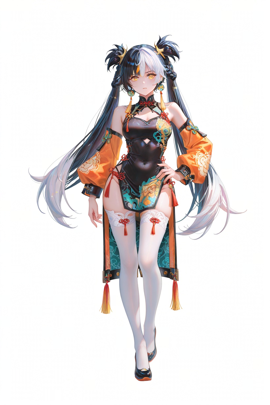 8k,best quality,masterpiece,(ultra-detailed),(high detailed skin),
((artist:reoen),(artist:fuzichoco),(artist:atdan),(artist:torino_aqua),year 2024:0.8)1girl,[artist:wlop],[artist:ningen_mame],artist:ciloranko,[[artist:rhasta]],artist:tidsean,colorful,
full body,full shot,standing,(solo:1.2),simple background,(white background:1.2),hand on own hip,(white background:1.1),looking at viewer,
,
Dialyn \(Zenless Zone Zero\),clothes: Dialyndef china dress,black-and-white twintails,two-tone hair,1girl,detached sleeves,braid,white thighhighs,black hair,yellow eyes,multicolored hair,very long hair,jewelry,white hair,earrings,Golden-orange gradient irises,bright turquoise star-shaped pupil accent,black pupils,