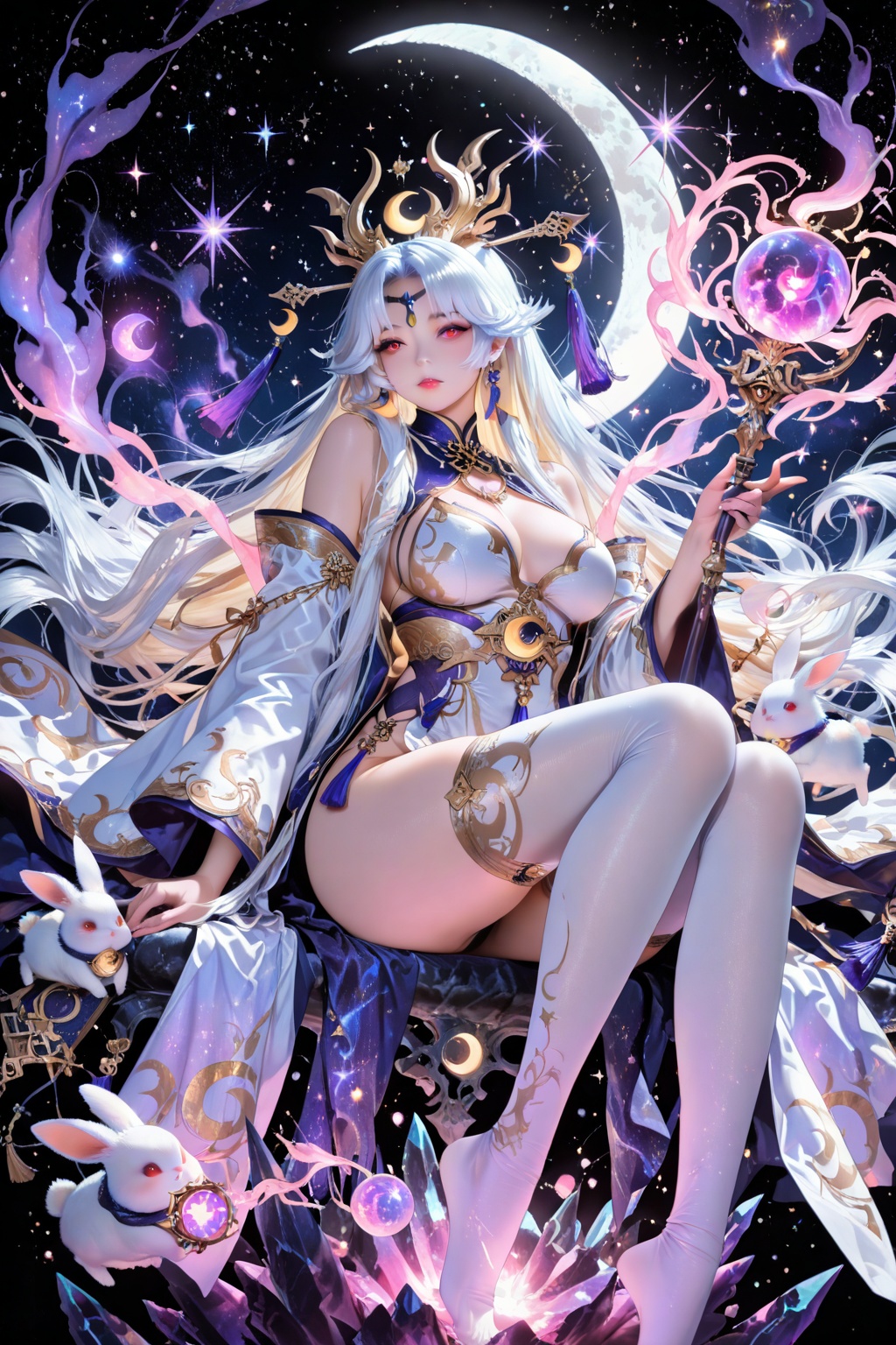 masterpiece, best quality, 1girl, Chang'e, moon goddess, sitting on crystal crescent moon, long light blue and white hair, golden hair accessories, red eyes, white and purple robe with gold trim, sheer white thighhighs, floating ribbons, small white rabbit, glowing starry orb, magical mist, sparkles, star particles, dark fantasy palace background, cinematic lighting, detailed shading, vibrant colors, anime illustration, digital painting
