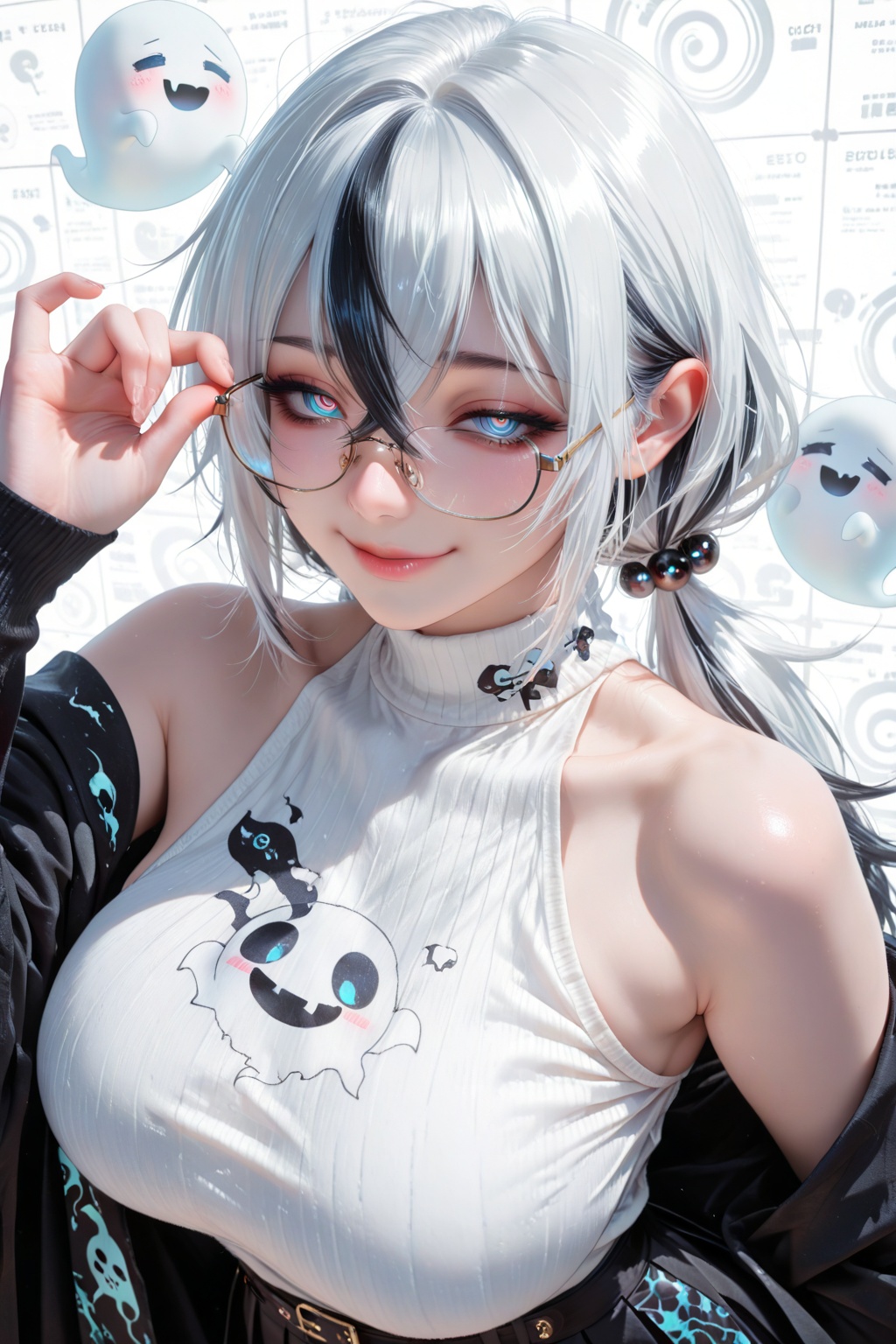 ,masterpiece,best quality,very aesthetic,1girl,extremely delicate and beautiful,Noise and grain,huge filesize,amazing quality,foreshortening,stylish_pose,half-closed_eyes,bare shoulders,looking_at_viewer,ecg background,evil smile,closed mouth,spiral_eyes,ringed_eyes,rimless_eyewear,gothic,arm_behind_back,adjusting_eyewear,twintails,haori,streaked hair,white hair,blue eyes,low ponytail,white_background,curvy,glamor,ghost_print,crossed bangs,hair_bobbles,beltskirt,side chest,ribbed_sweater,pleated_skirt,(little ghost:1.1),dynamic_angle,upper_body,dynamic posture,sleepy,