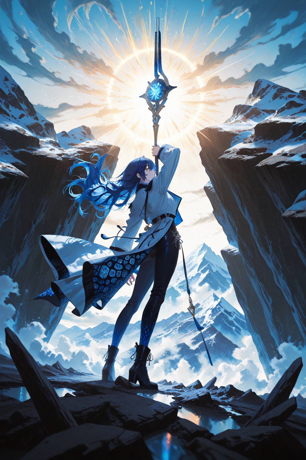 digital art,anime-style,female character with long blue hair,wearing a dark blue and white outfit with a long coat and boots,holding a staff,standing in a dynamic pose,surrounded by abstract blue and white water-like patterns,mountain landscape in the background,large rocks and flowers on the ground.BREAKBREAKBREAKBREAK,sharp lines and clean style,high quality.,posing,(dynamic pose:1.3),dynamic angle,dynamic shot,textured skin,expressiveH,*****,(close-up),side view,(Yunsang:0.8),(fajyobore:0.7),(quasarcake:0.6),(rella:0.6),best_quality,masterpiece,newest,year 2024,very aesthetic,absurdres,impactful picture,offcial art,movie perspective,ultra HD,8K resolution,sharp focus,exquisite details,high-end texture,double exposure,A shot with tension,sharp focus,Emotionalization,unconventional supreme masterpiece,masterful details,temperate atmosphere,in the style of fashion photography,(Visual impact:1.2),offcial art,movie perspective,back lighting,